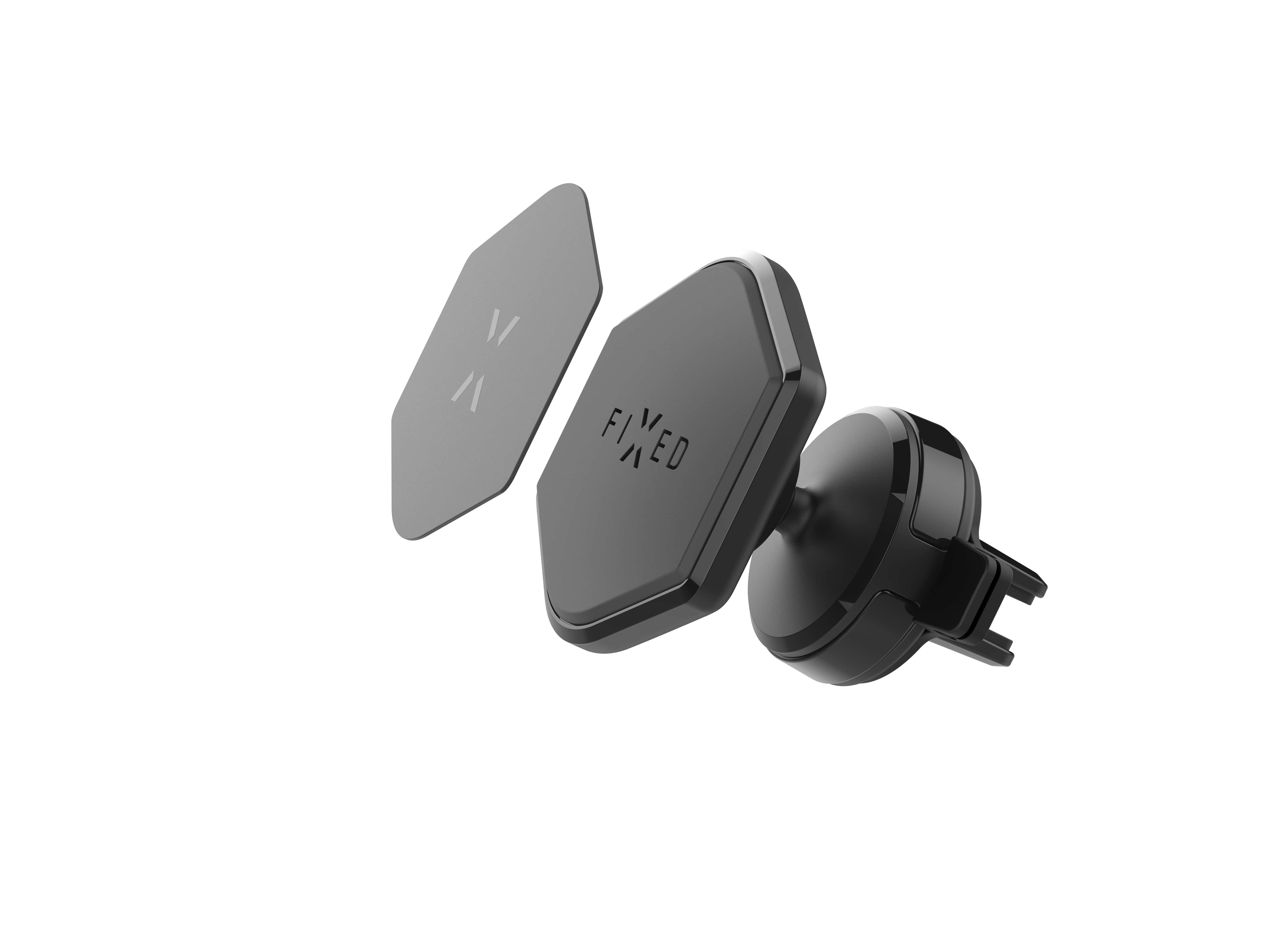 Schwarze magnetische Autohalterung mit Sechskant-Design und separatem Plättchen vor weißem Hintergrund.