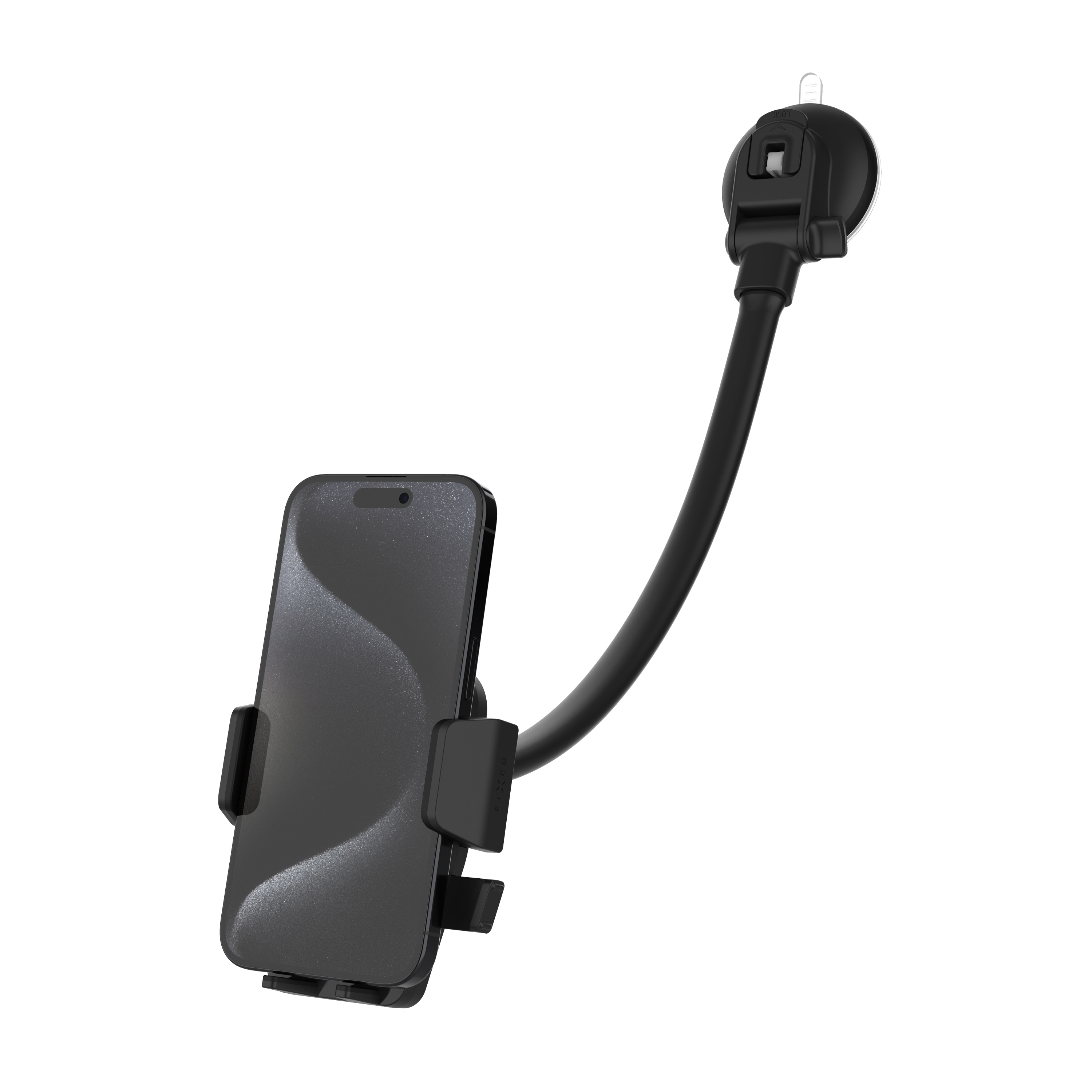 Schwarzer Smartphone-Halter mit langem Schwanenhals und Saugnapf, der ein Handy hält.