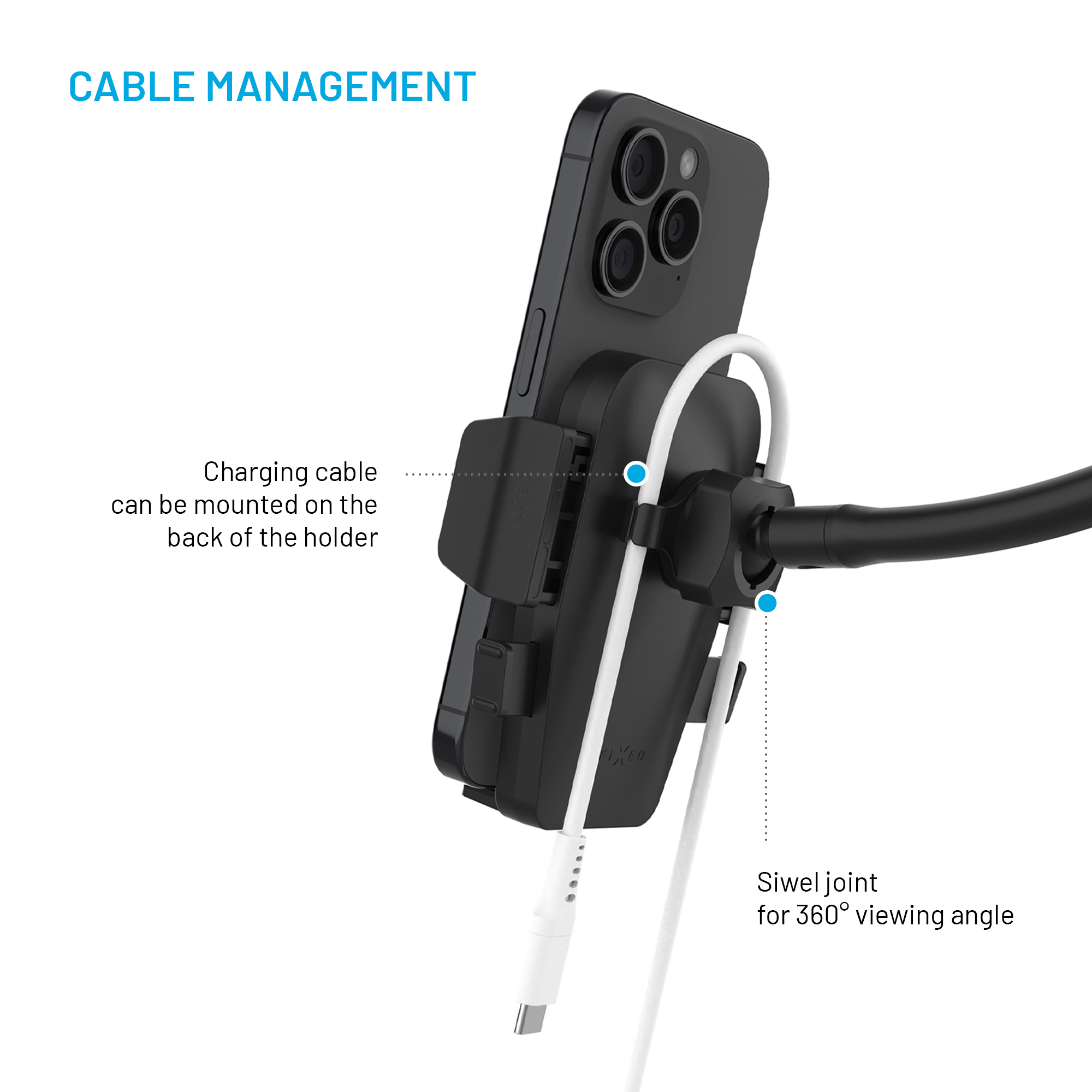 Ein schwarzes Smartphone im Halter mit Kabelmanagement und Kugelgelenk für 360-Grad-Blickwinkel.