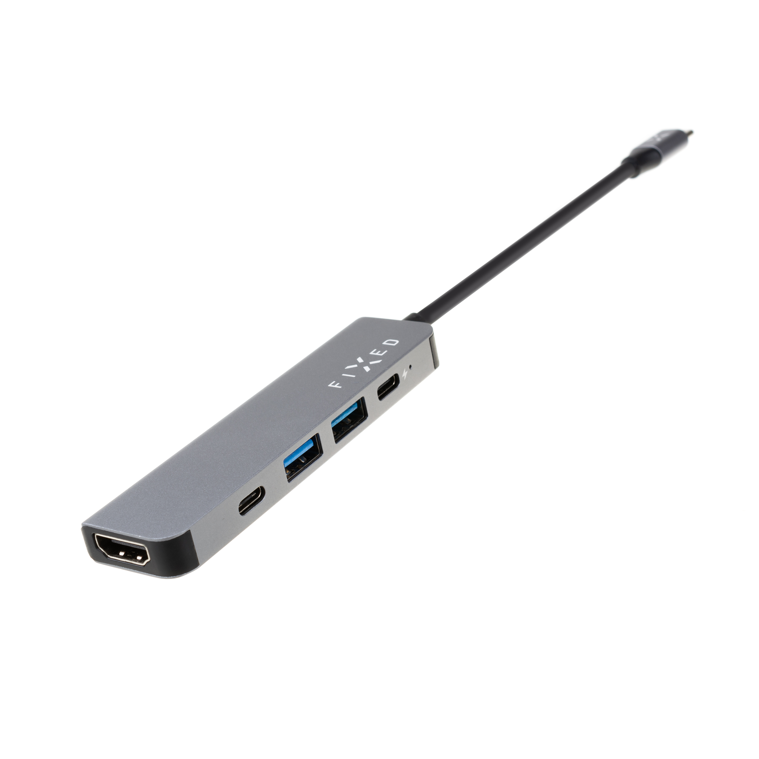 Grauer USB-C-Hub mit HDMI, USB-Ports und angeschlossenem Kabel auf weißem Hintergrund.