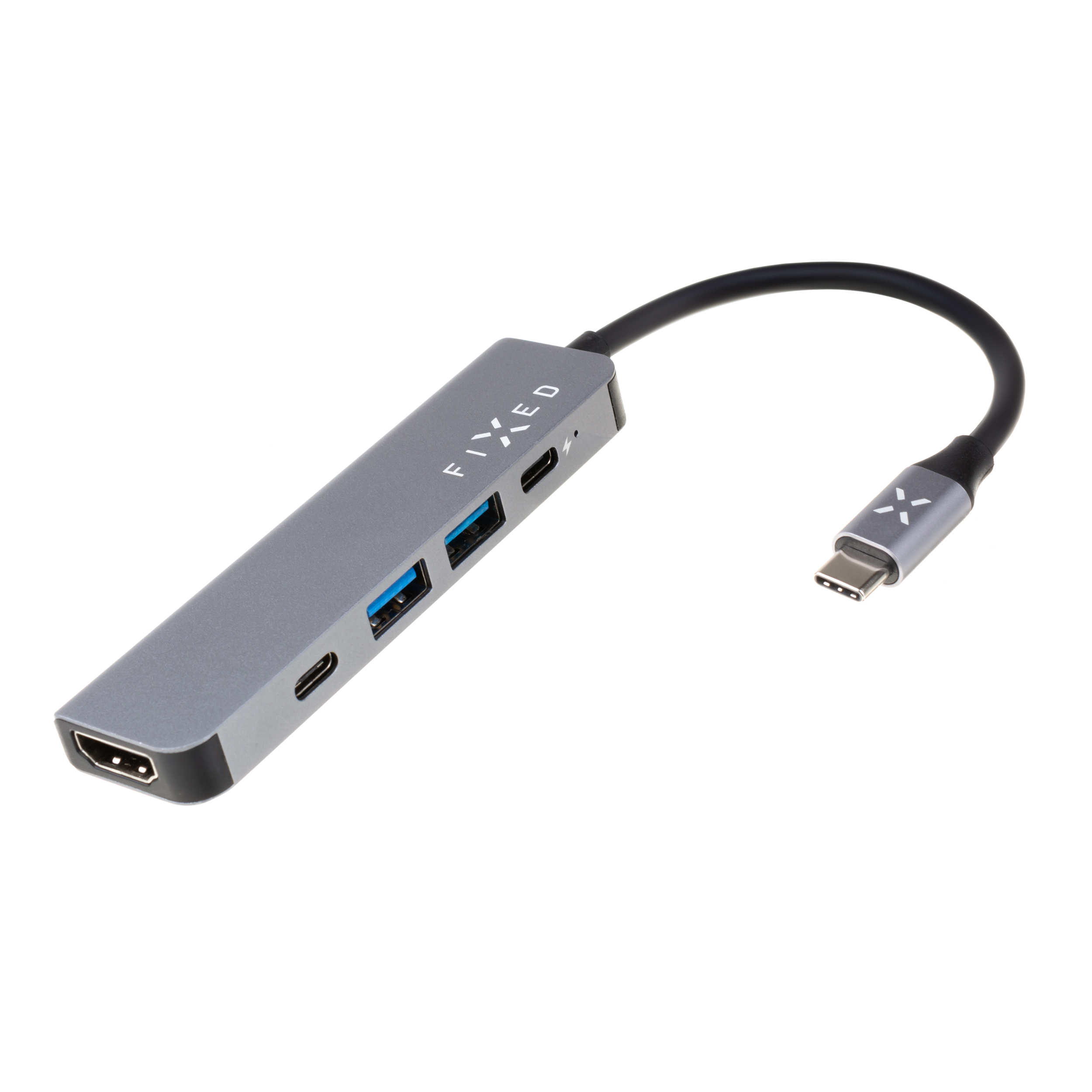 Grauer USB-C-Hub mit HDMI, USB-A- und USB-C-Anschlüssen sowie einem kurzen Kabel.