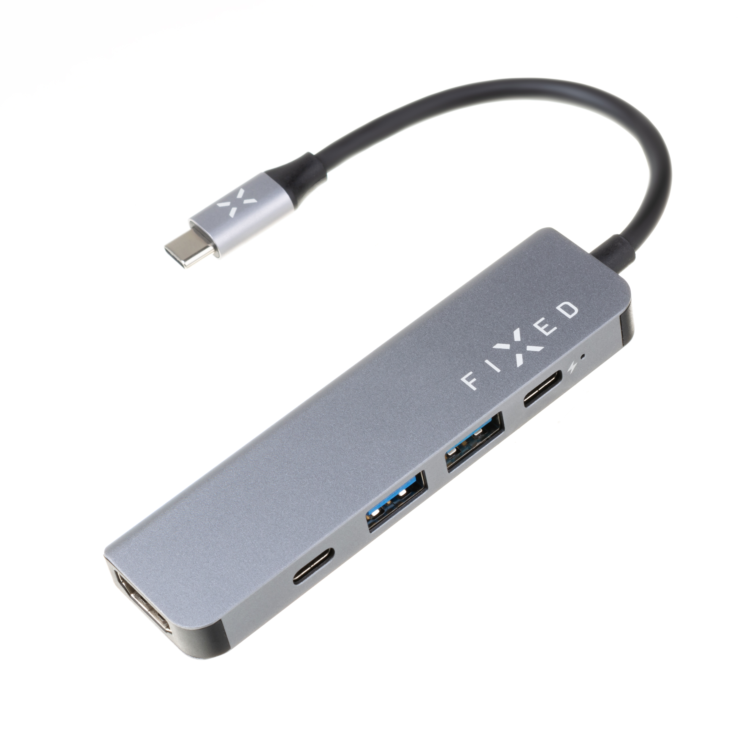 Ein grauer USB-C-Hub mit mehreren Anschlüssen und einem integrierten Kabel auf weißem Hintergrund.