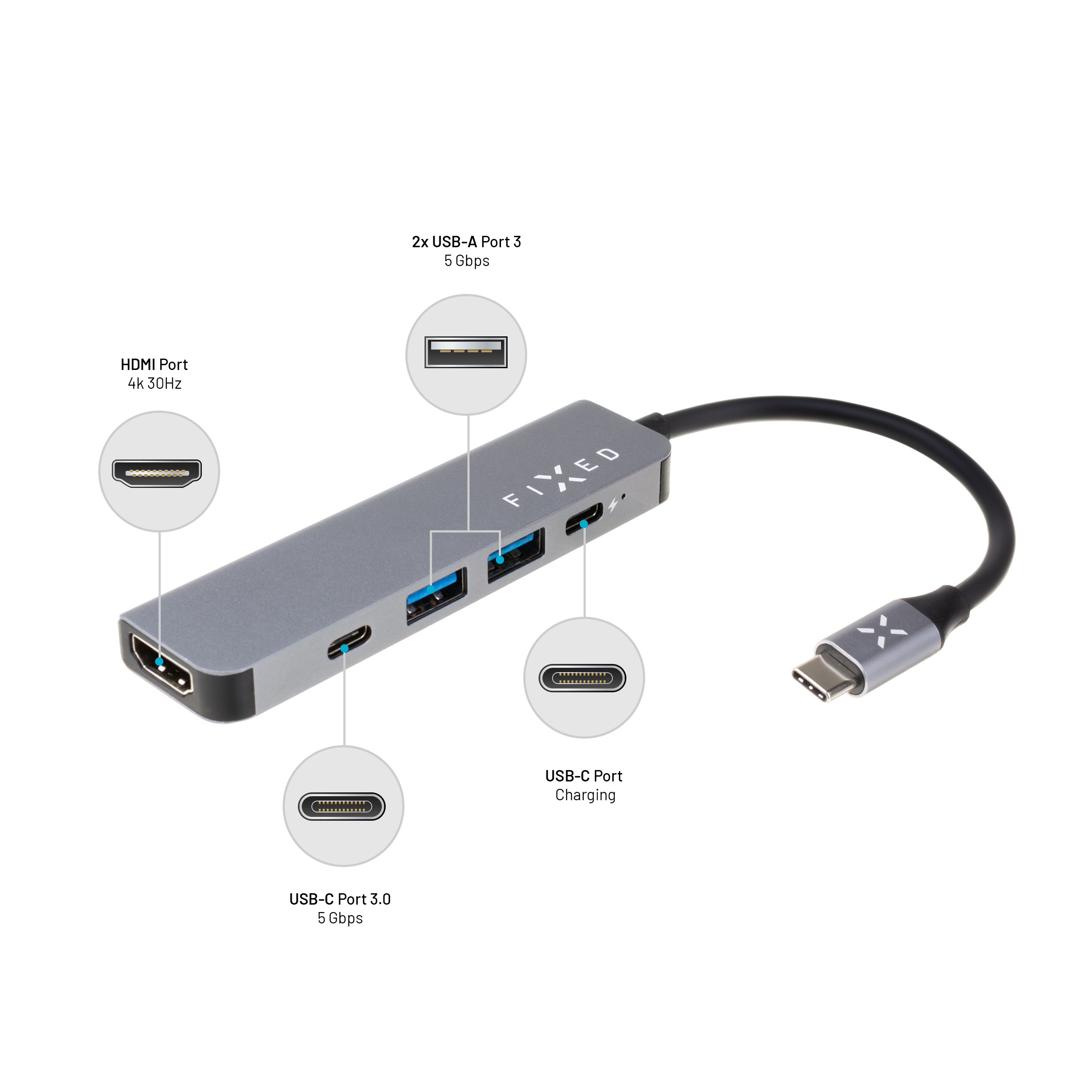 Grauer USB-C-Hub mit HDMI, USB-A und USB-C-Anschlüssen.