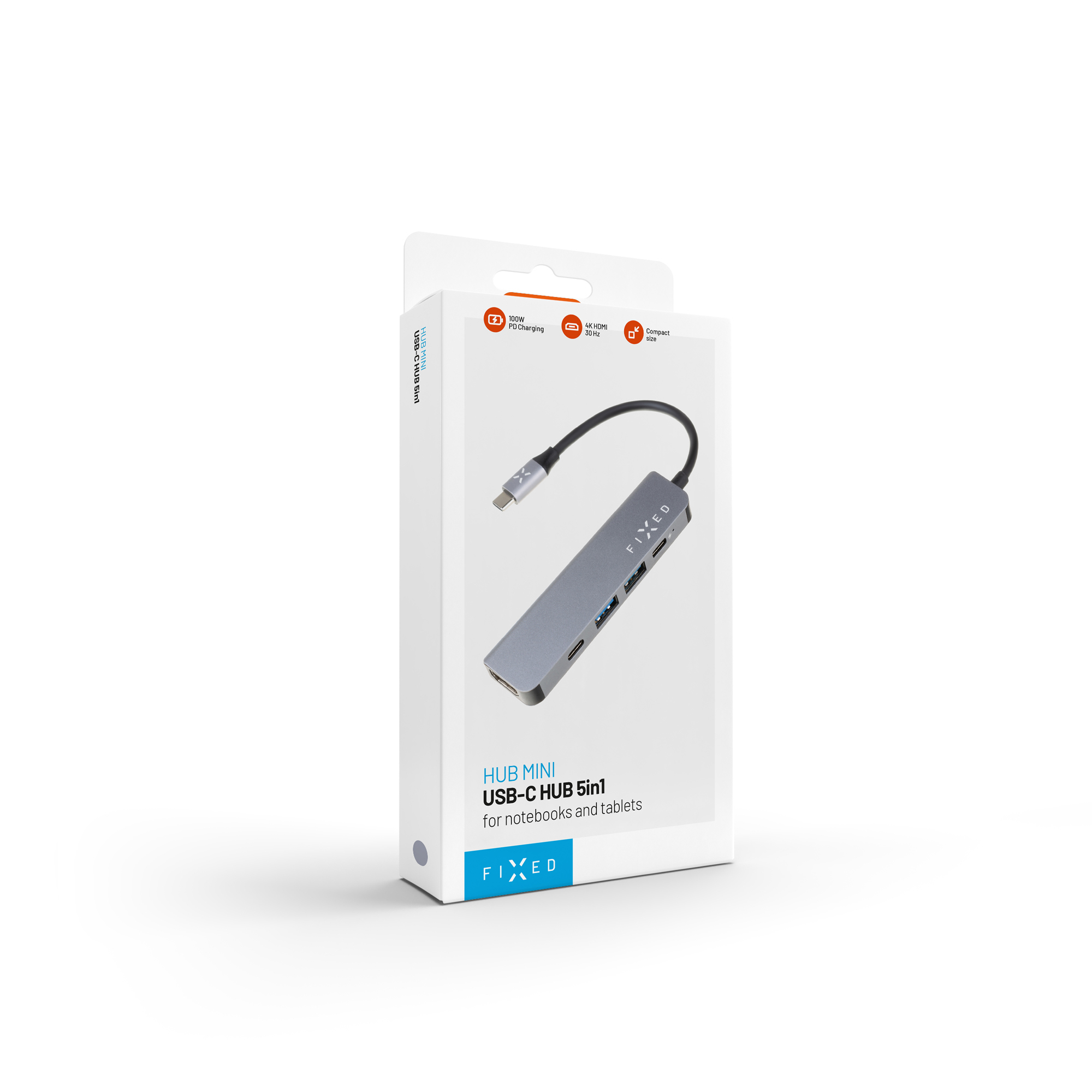 Weisse Produktverpackung für einen grauen FIXED USB-C Hub 5in1 mit Gerätedarstellung und Symbolen für 100W PD und 4K HDMI.