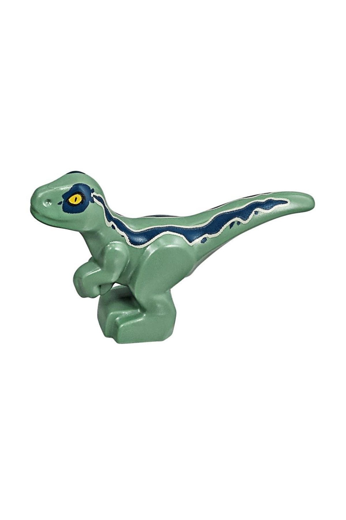Un dinosauro giocattolo Lego verde con strisce blu sulla schiena e occhi gialli su sfondo bianco.