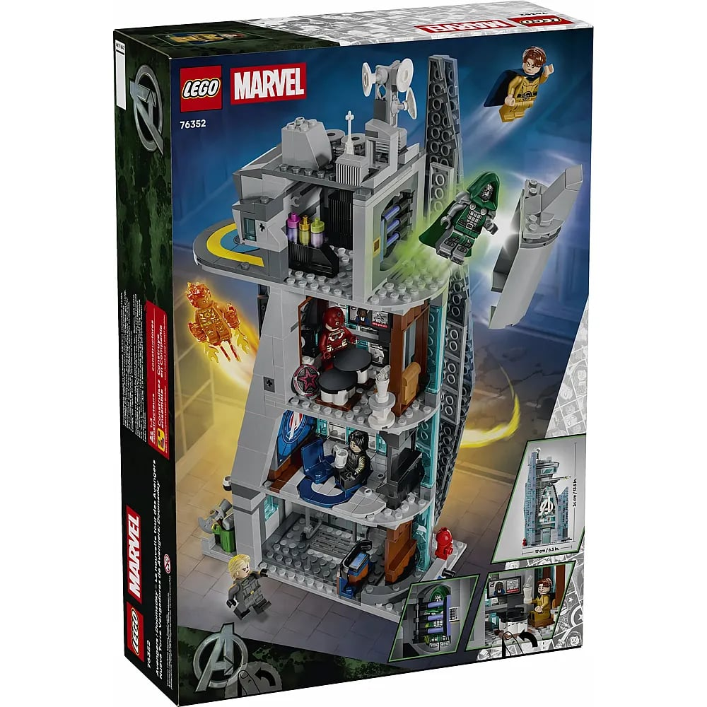 Caja del set de la torre Lego Marvel Avengers con múltiples pisos, minifiguras y acción.