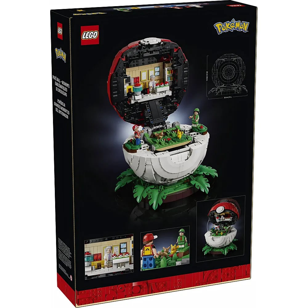 Una caja de Lego Pokémon Poké Ball muestra un modelo abierto con figuras y escenas.