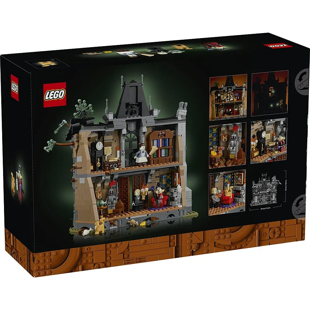 Pudełko Lego przedstawiające szczegółowy, wielopiętrowy nawiedzony zamek z figurkami.