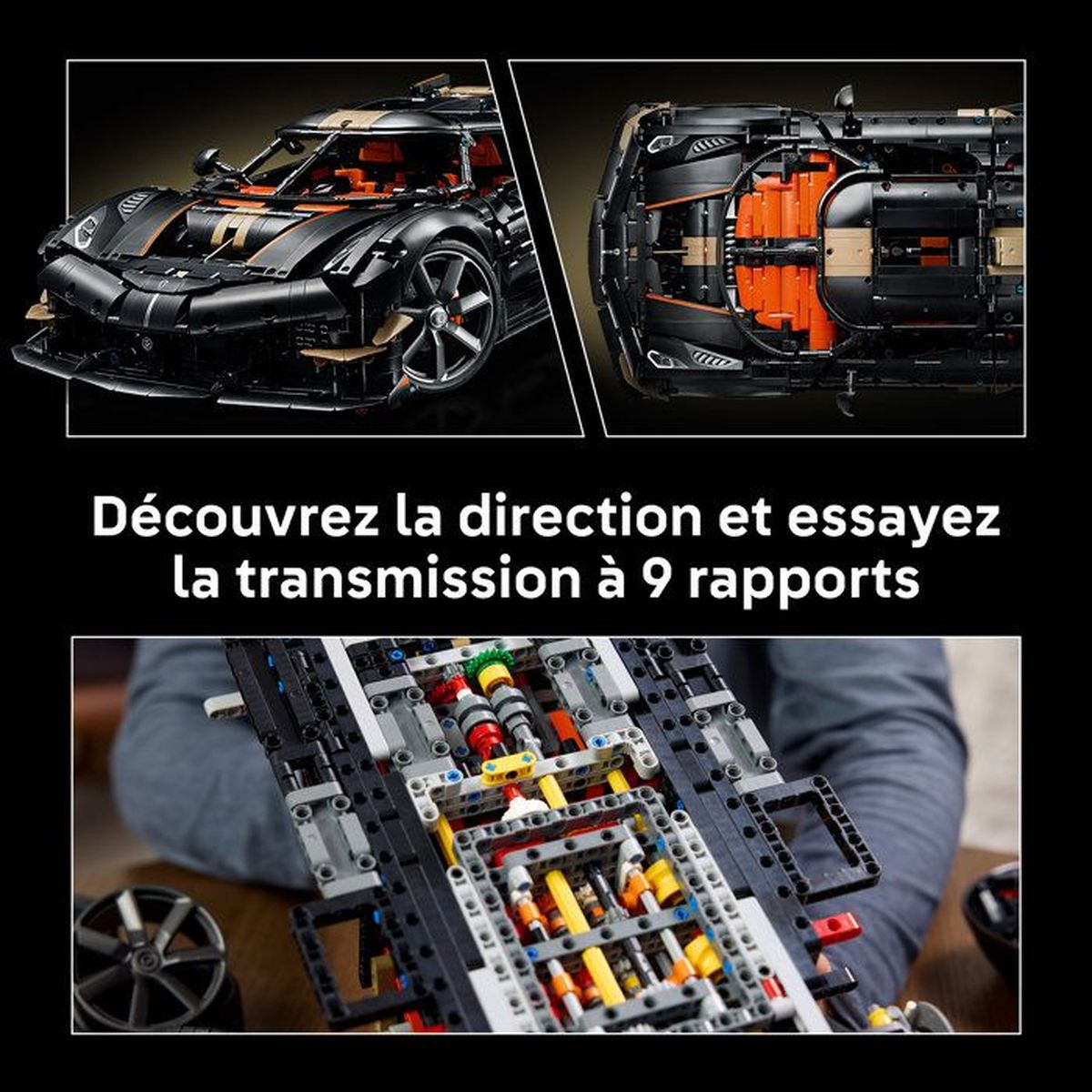 Modelo de coche Lego Technic con detalles de dirección y transmisión de 9 velocidades.