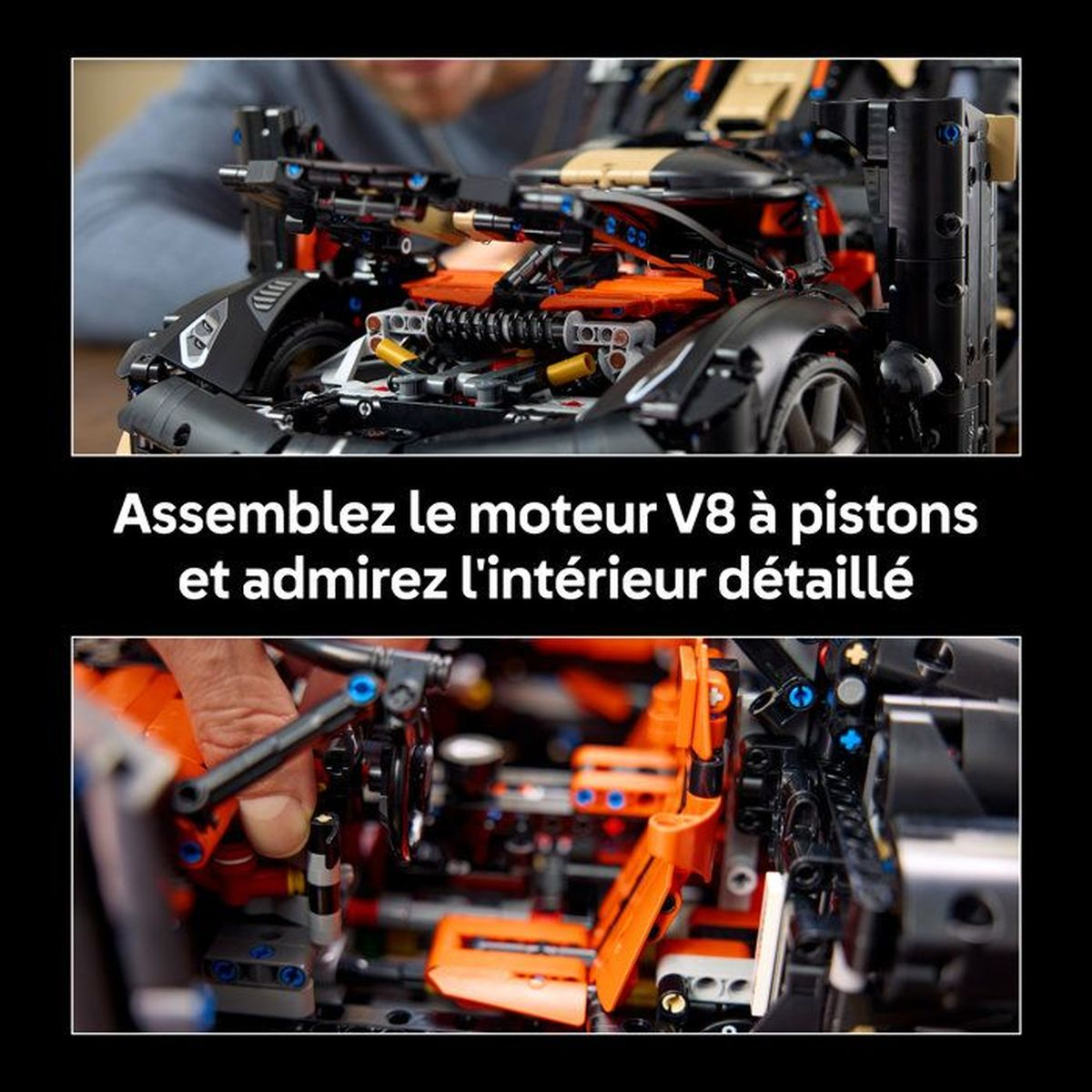 Dos imágenes que muestran un motor V8 LEGO Technic detallado y el interior del coche, con texto en francés.