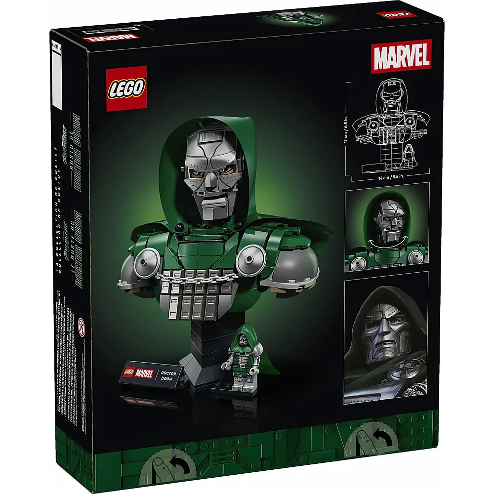 Birleştirilmiş yeşil ve gümüş modeli ve minifigürü gösteren Lego Marvel Doctor Doom büst seti kutusu.