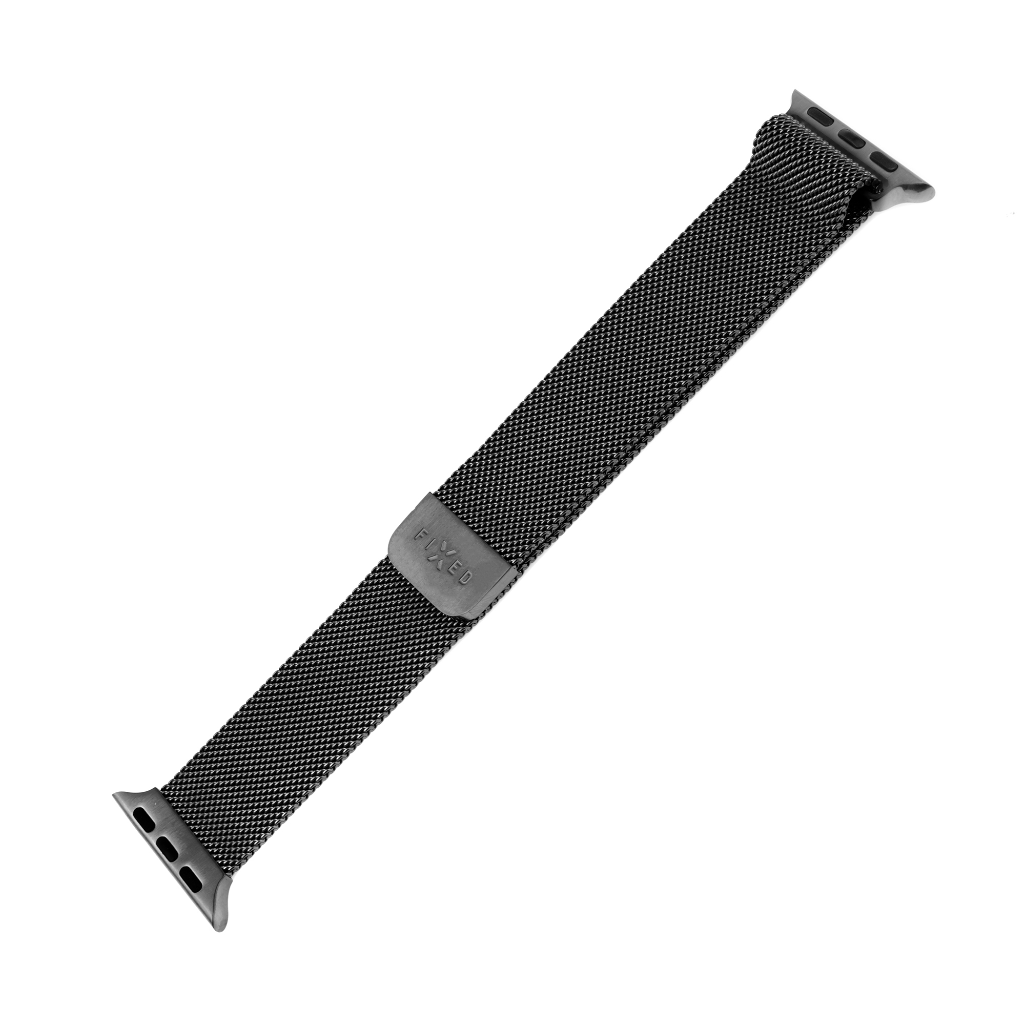 Ein schwarzes Milanese-Uhrenarmband aus Metall mit einer kleinen Lasche auf einem weißen Hintergrund.