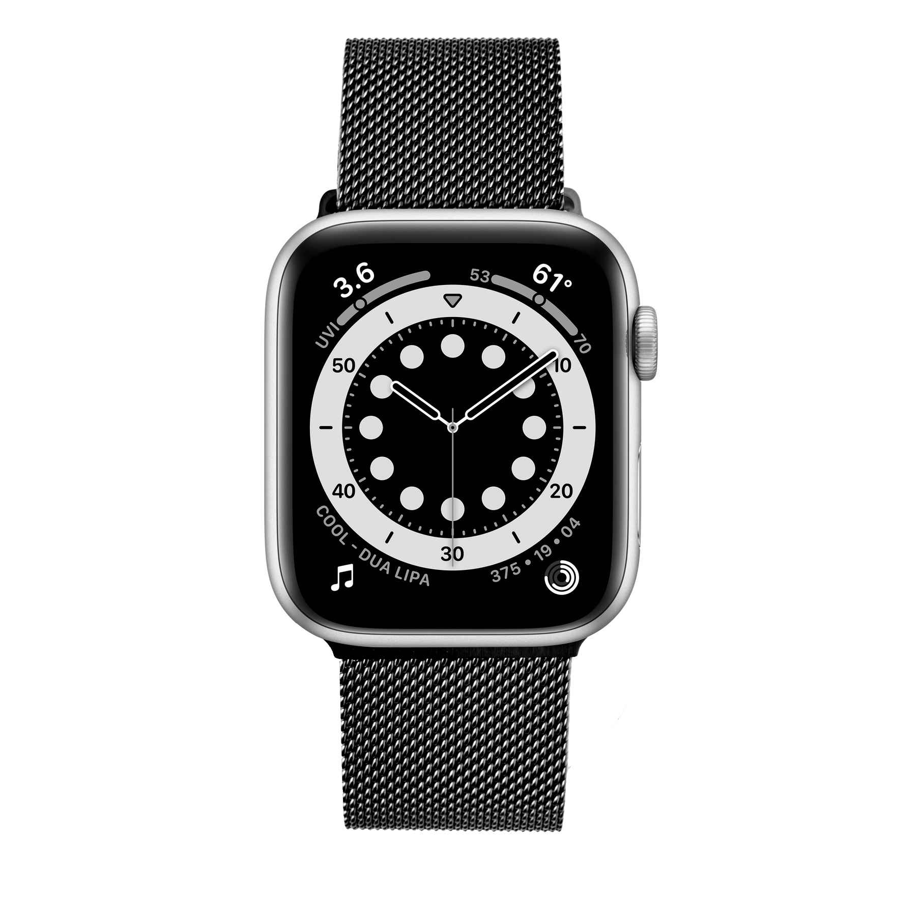 Eine Smartwatch mit silbernem Gehäuse, schwarzem Zifferblatt und einem schwarzen Milanaise-Armband auf weißem Grund.