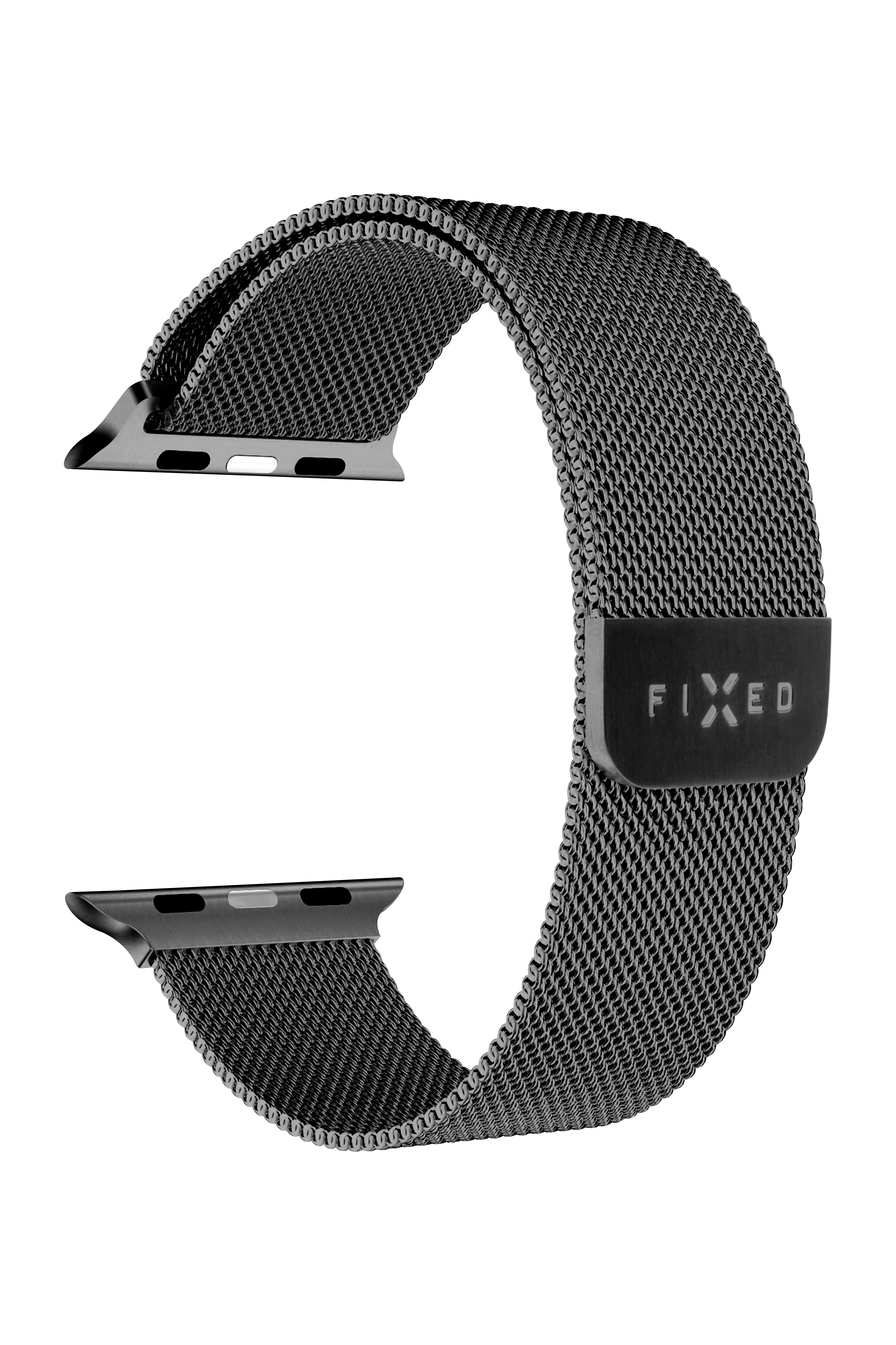 Schwarzes Milanaise-Armband für Smartwatches mit Metallverschluss und FIXED-Logo auf weißem Hintergrund.