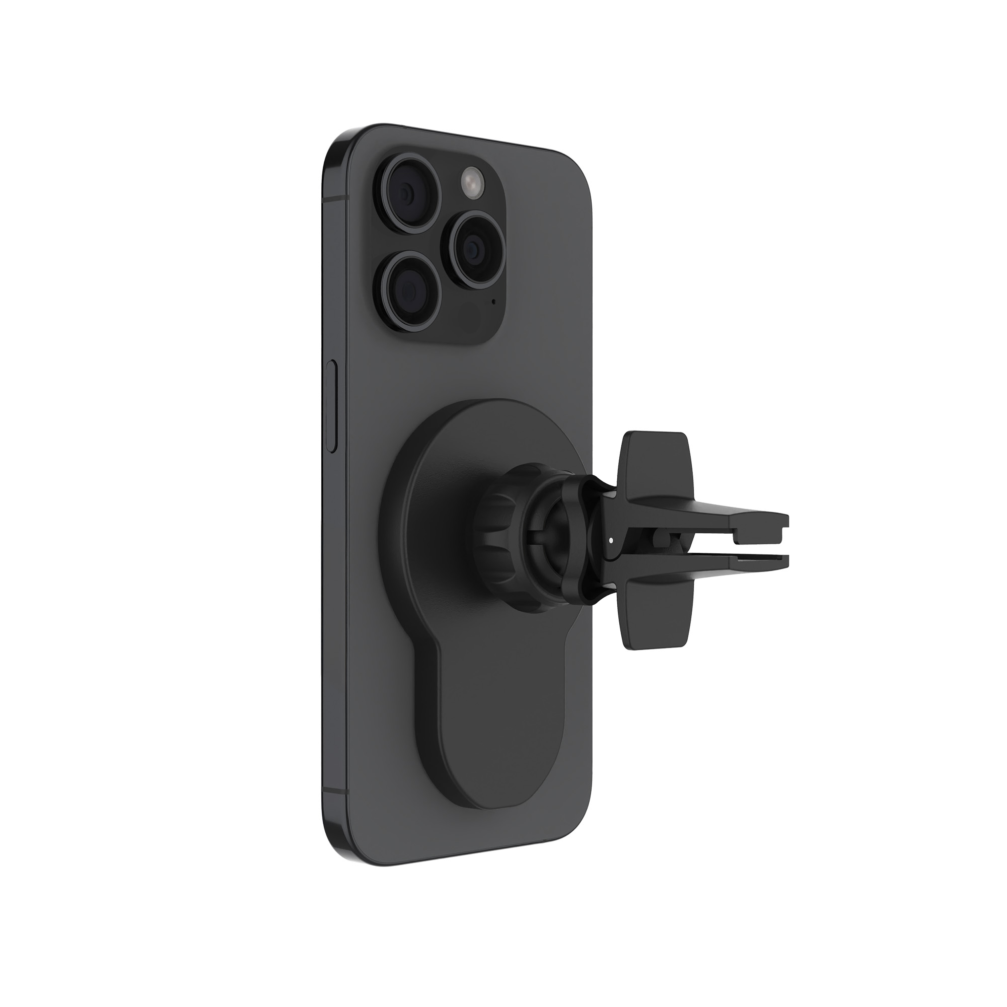 Ein schwarzes Smartphone mit einer Halterung für die Autolüftung auf der Rückseite vor weißem Hintergrund.