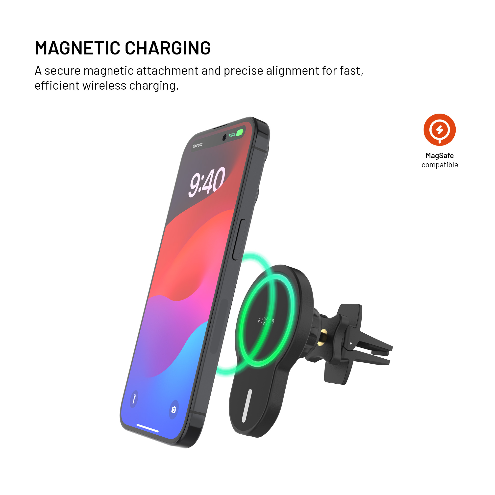 Ein Smartphone an einer magnetischen Autohalterung mit leuchtend grünen Ringen.