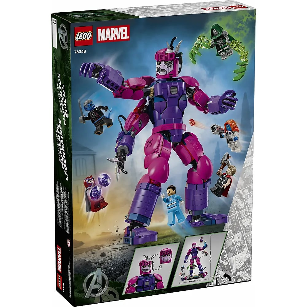 Caja de set Lego Marvel con una gran figura de acción morada y varias minifiguras luchando.