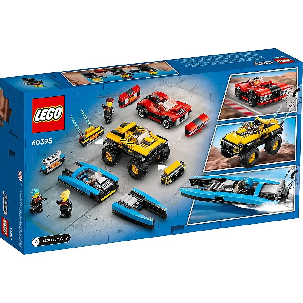 Set Lego City 60395 con veicoli personalizzabili come auto rossa, fuoristrada giallo, barca blu e minifigure.