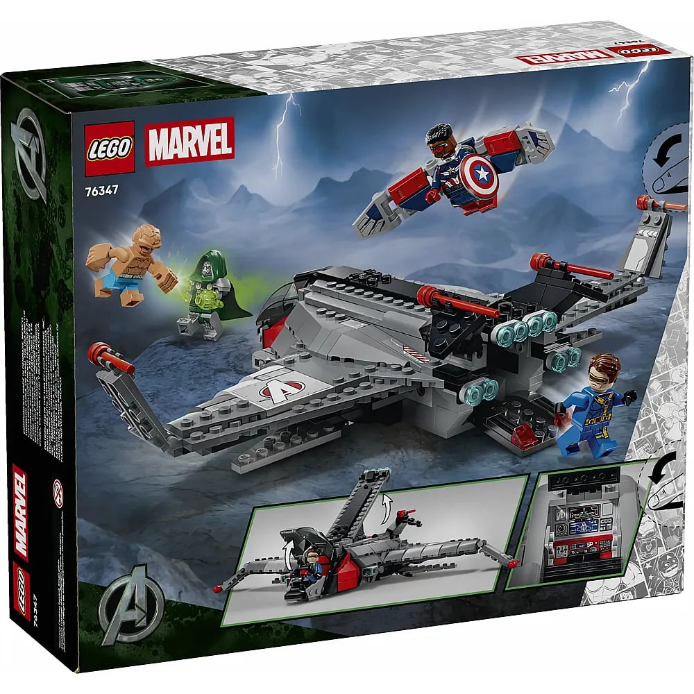 Caja de Lego Marvel con un jet gris, minifiguras del Capitán América, Doctor Doom, La Mole y Mister Fantastic.