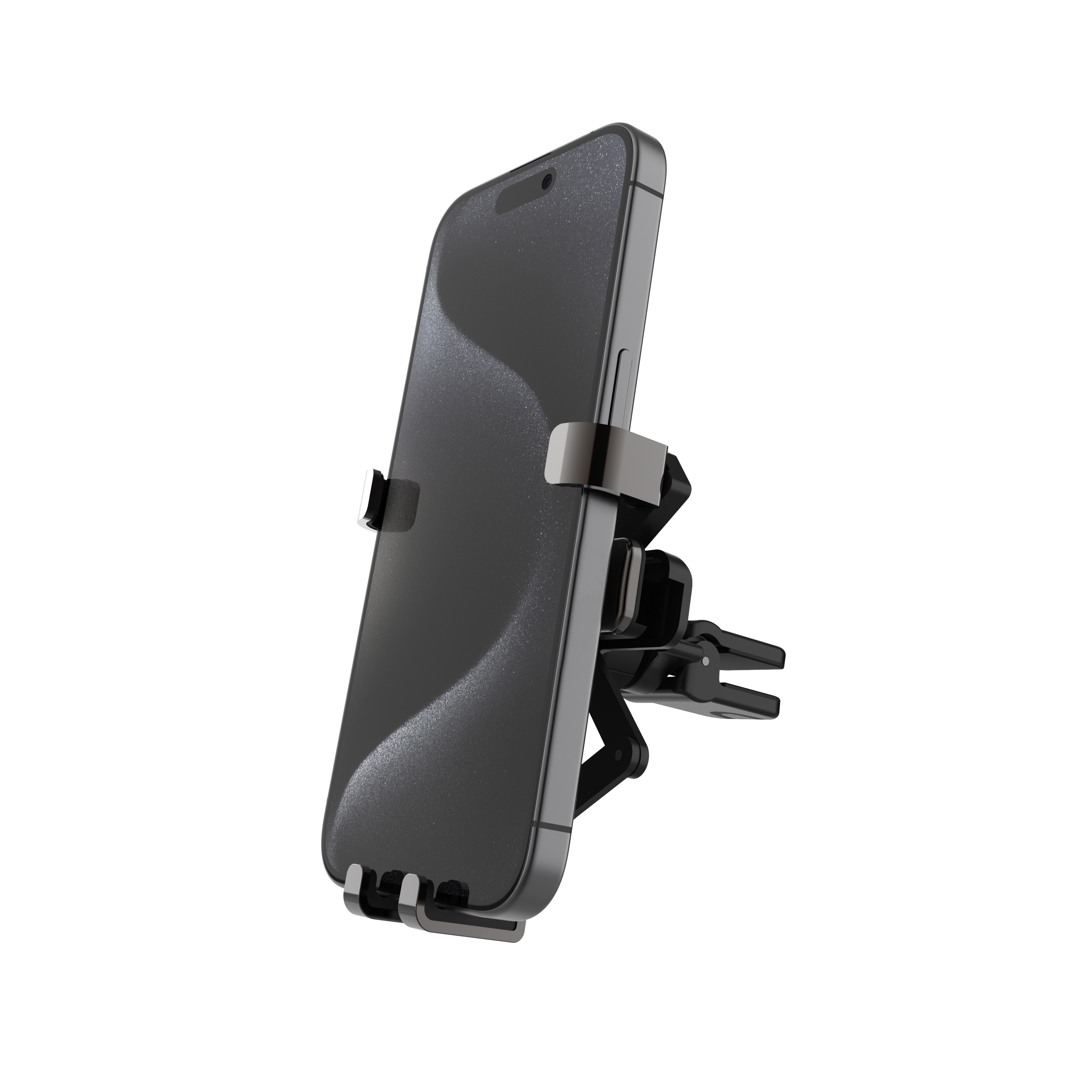 Schwarzes Smartphone in einer verstellbaren KFZ-Halterung für das Lüftungsgitter auf weißem Hintergrund.