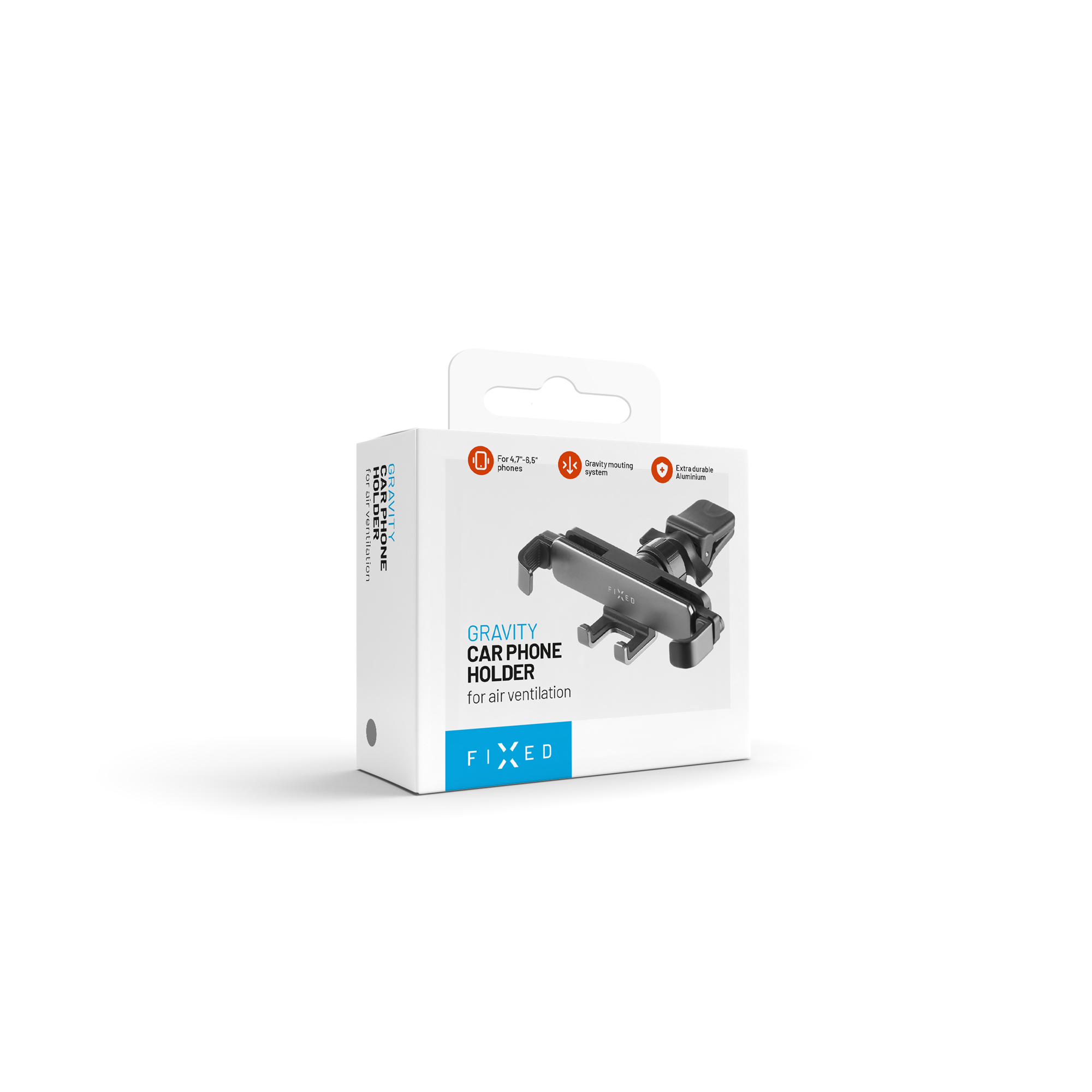 Weiße und blaue Produktverpackung für den Gravity Autotelefonhalter auf hellem Hintergrund.