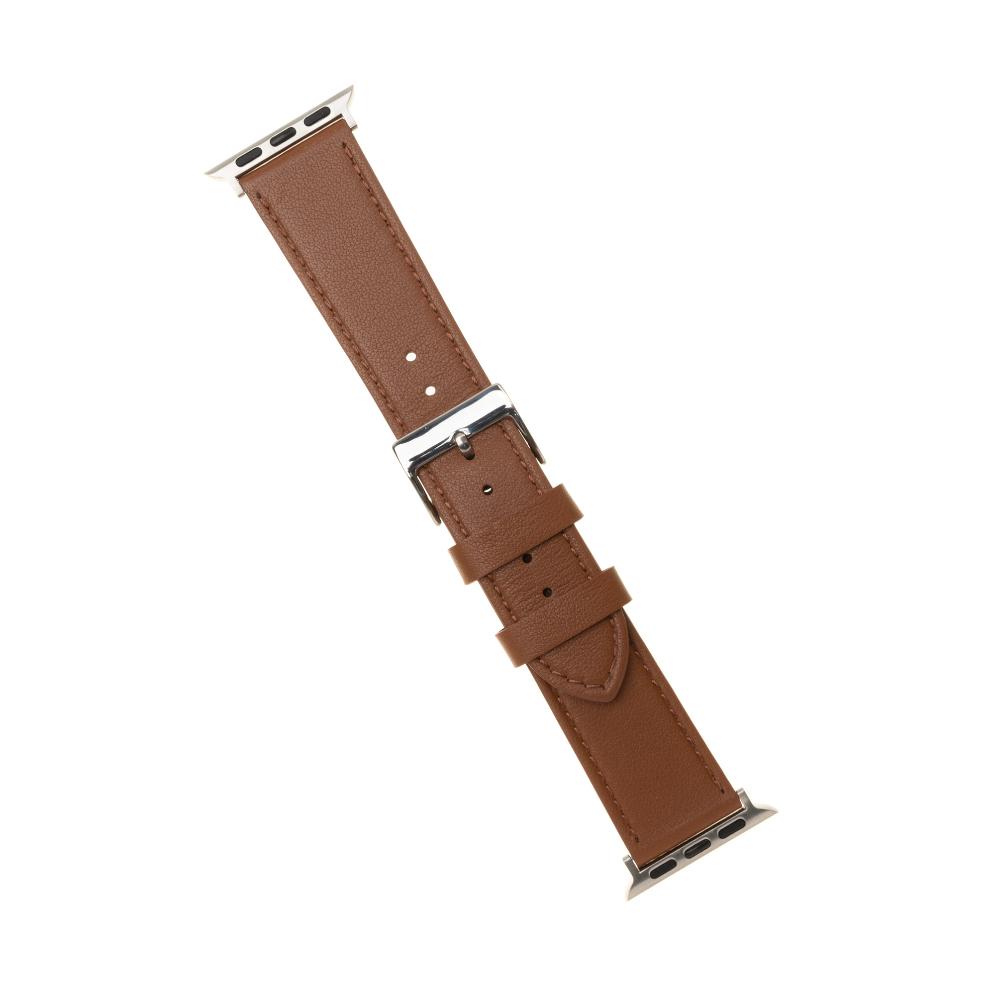 Ein braunes Lederarmband mit einer silbernen Metallschn schnalle vor weißem Hintergrund.