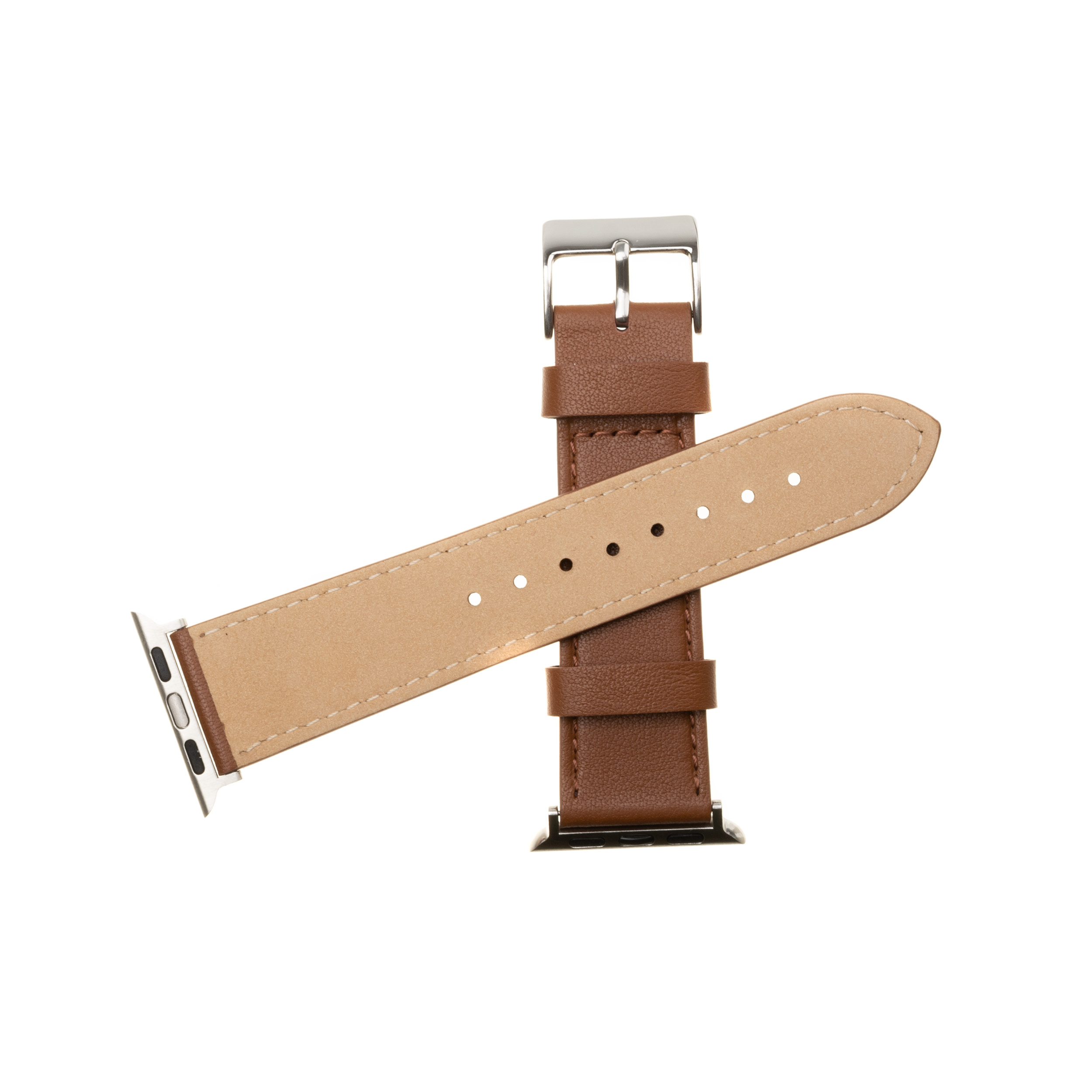 Zwei braune Lederarmbänder für Smartwatches sind auf weißem Grund gekreuzt angeordnet.