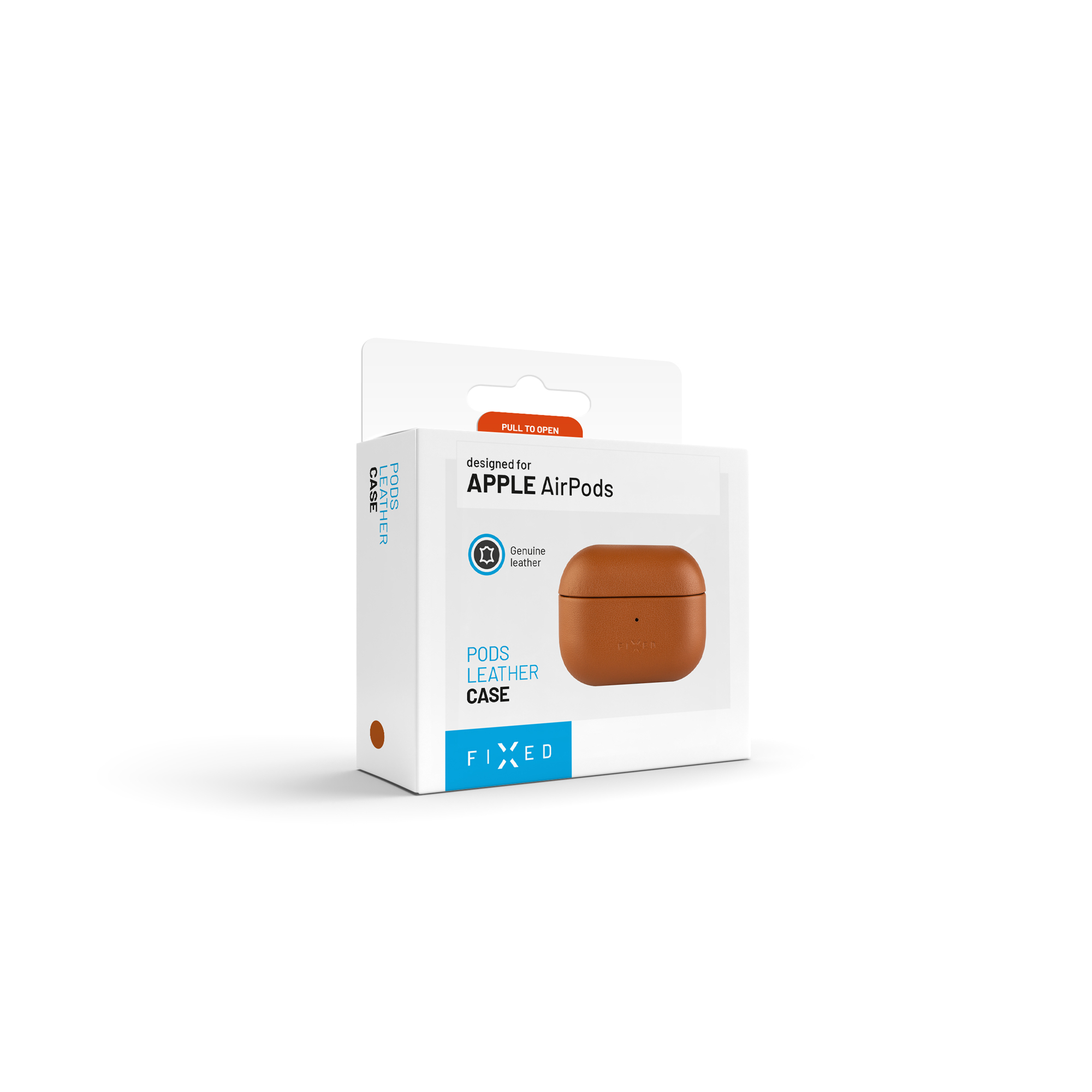 Weiße Verpackung für eine braune Apple AirPods Lederhülle der Marke Fixed.