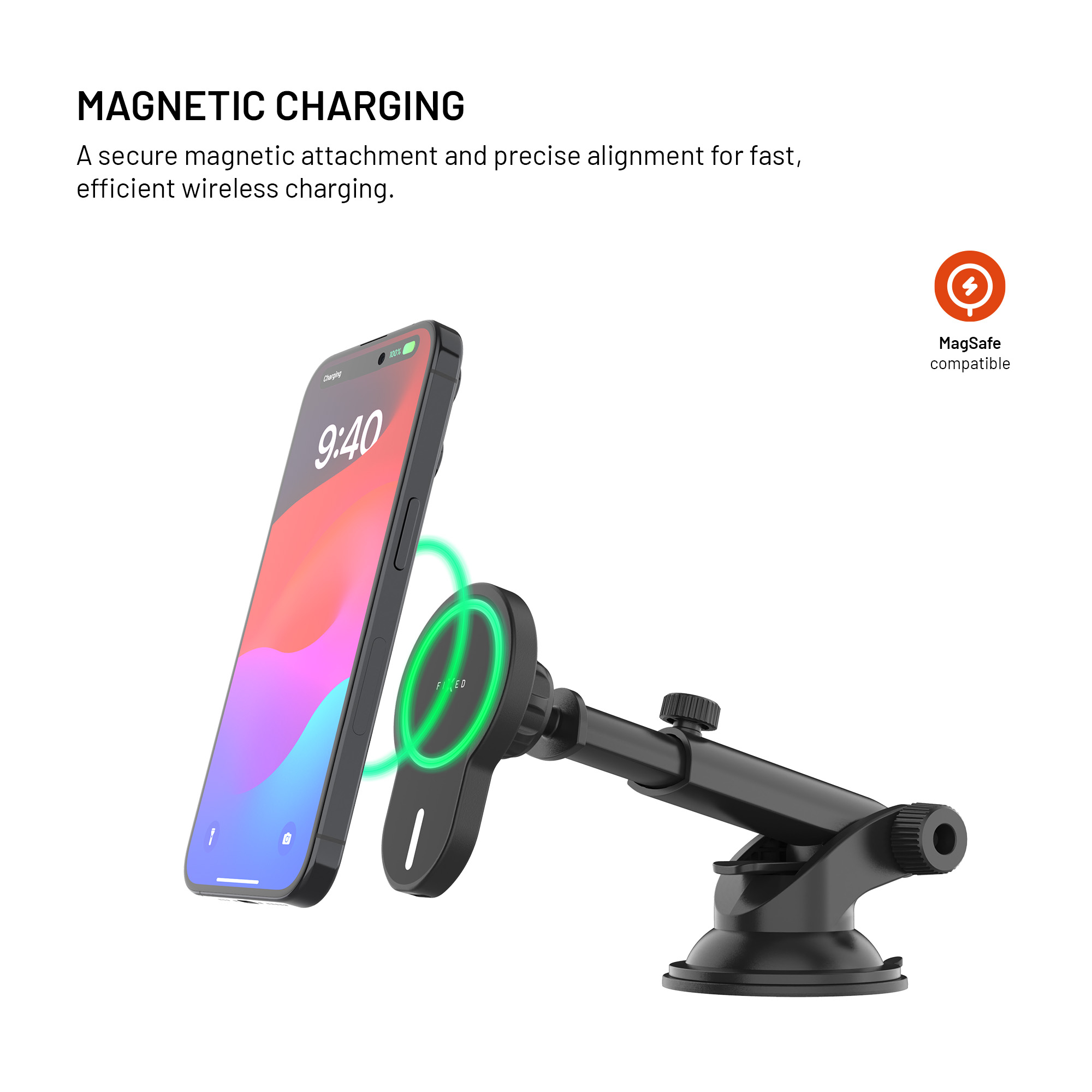 Ein Smartphone hängt an einer magnetischen Halterung, die kabelloses Laden und eine sichere Ausrichtung ermöglicht.