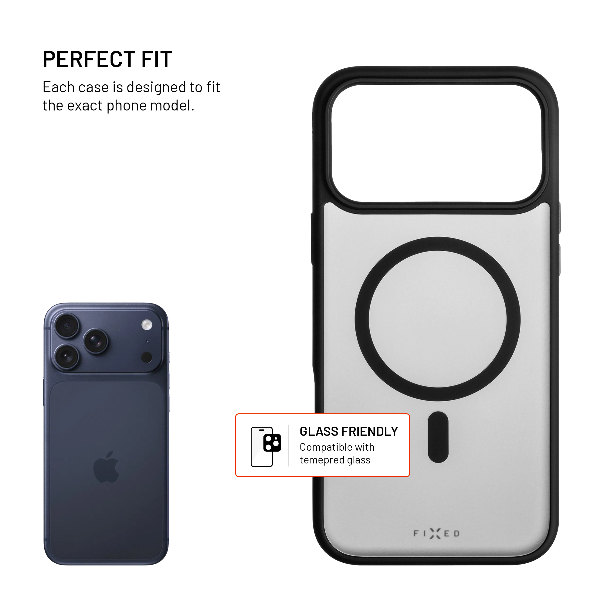 Eine schwarze Telefonhülle mit MagSafe-Ring und ein blaues iPhone daneben, Text oben links.