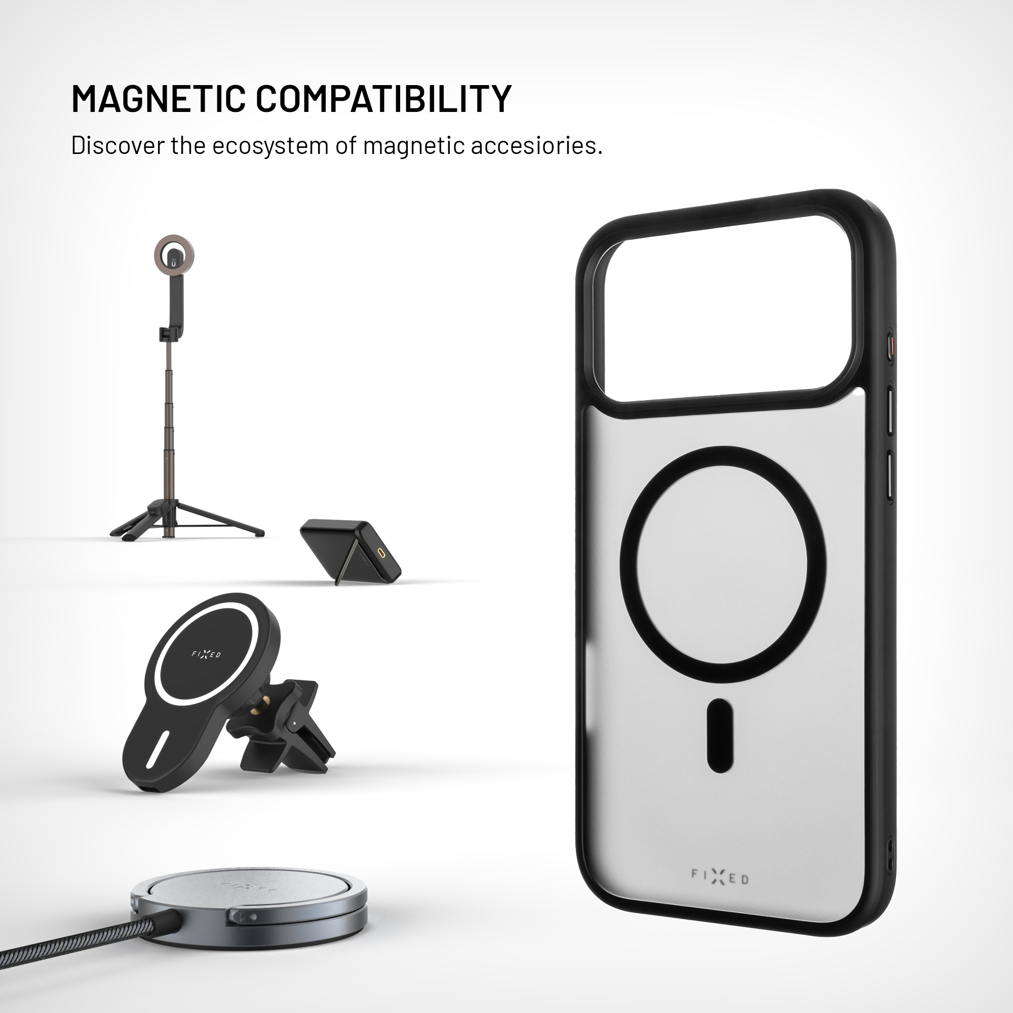 Eine schwarze Smartphone-Hülle und verschiedene magnetische Zubehörteile auf weißem Hintergrund.