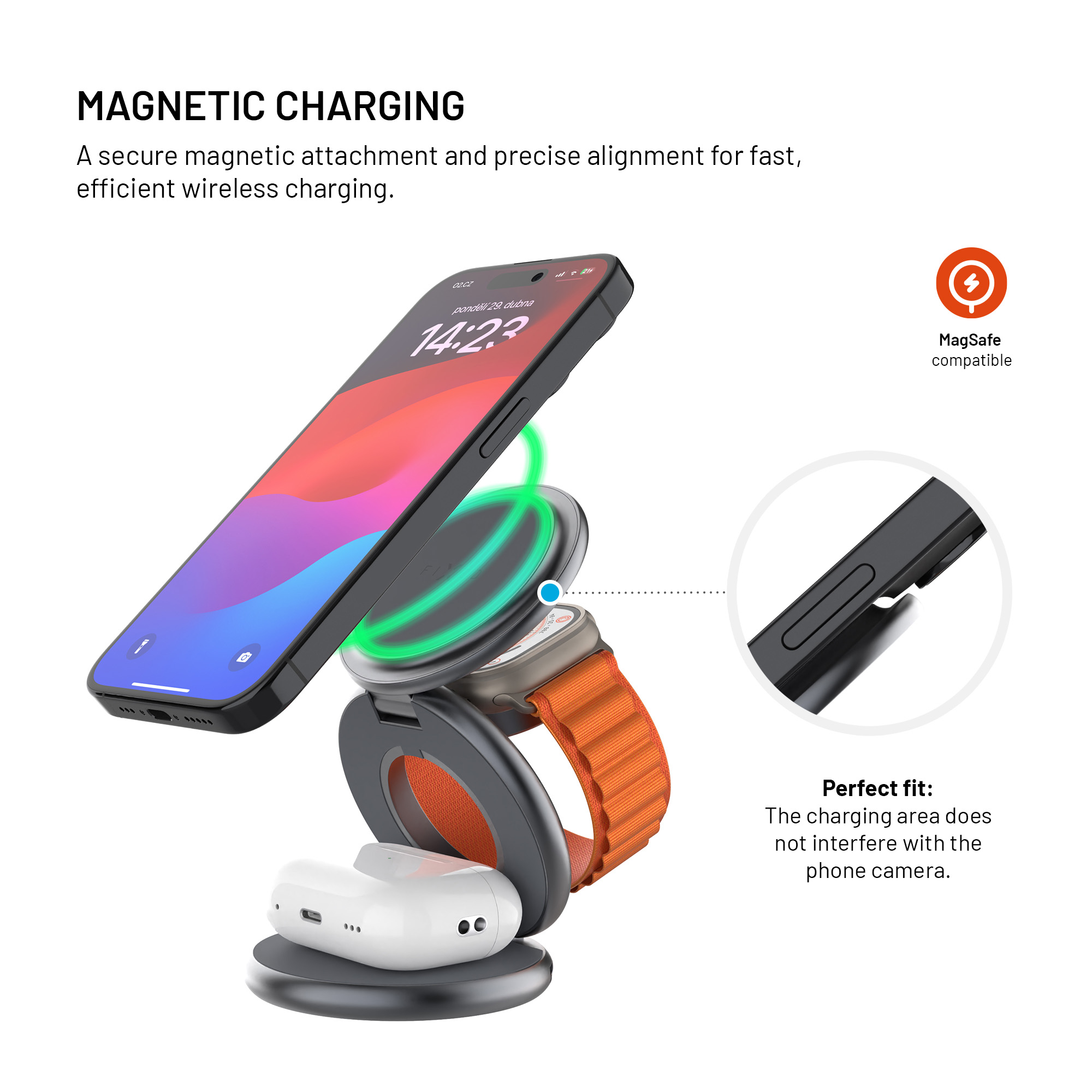 Ein faltbarer Ladeständer hält magnetisch ein Smartphone, eine Smartwatch und drahtlose Ohrhörer.