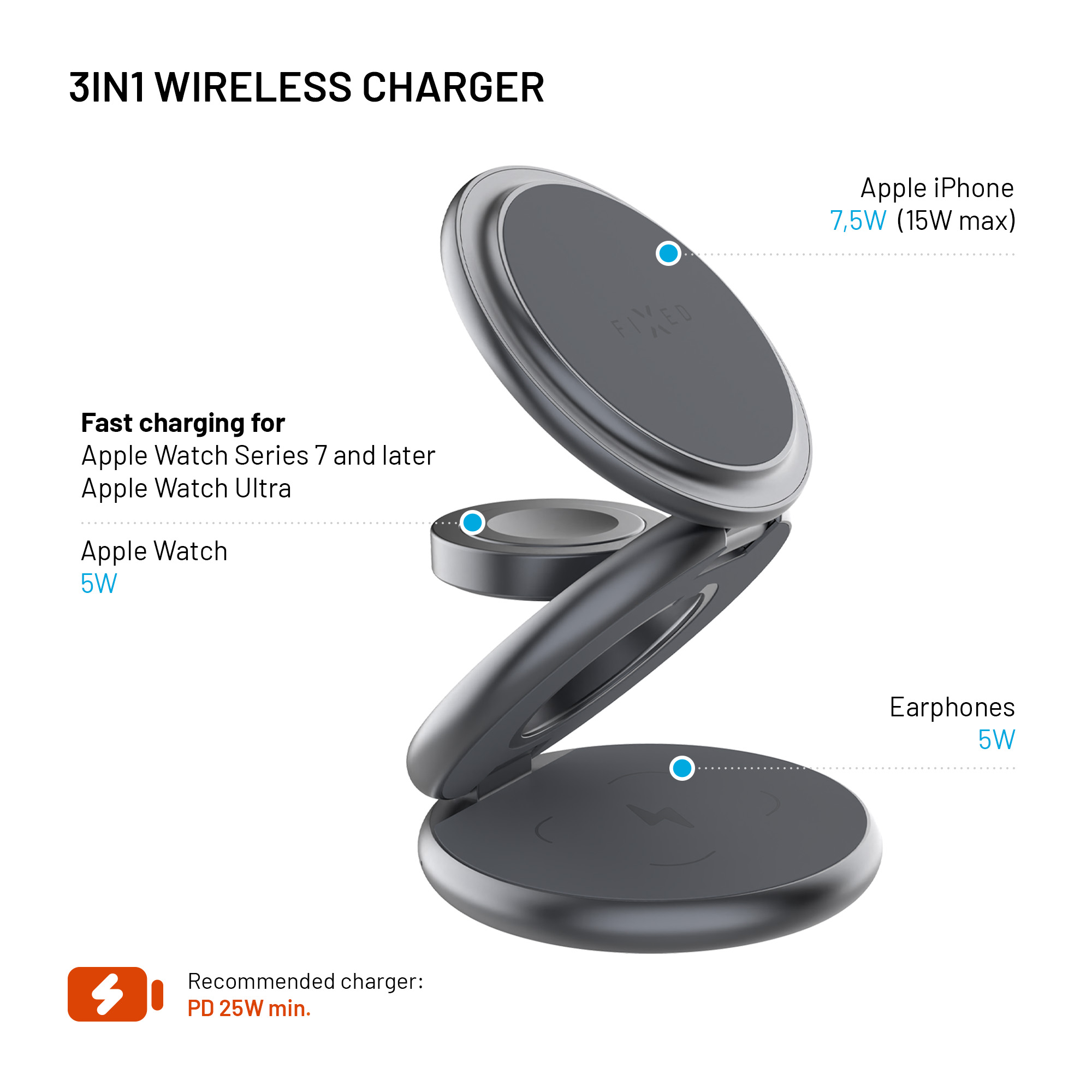 Graues 3-in-1 kabelloses Ladegerät für iPhone, Apple Watch und Kopfhörer mit Leistungsangaben.