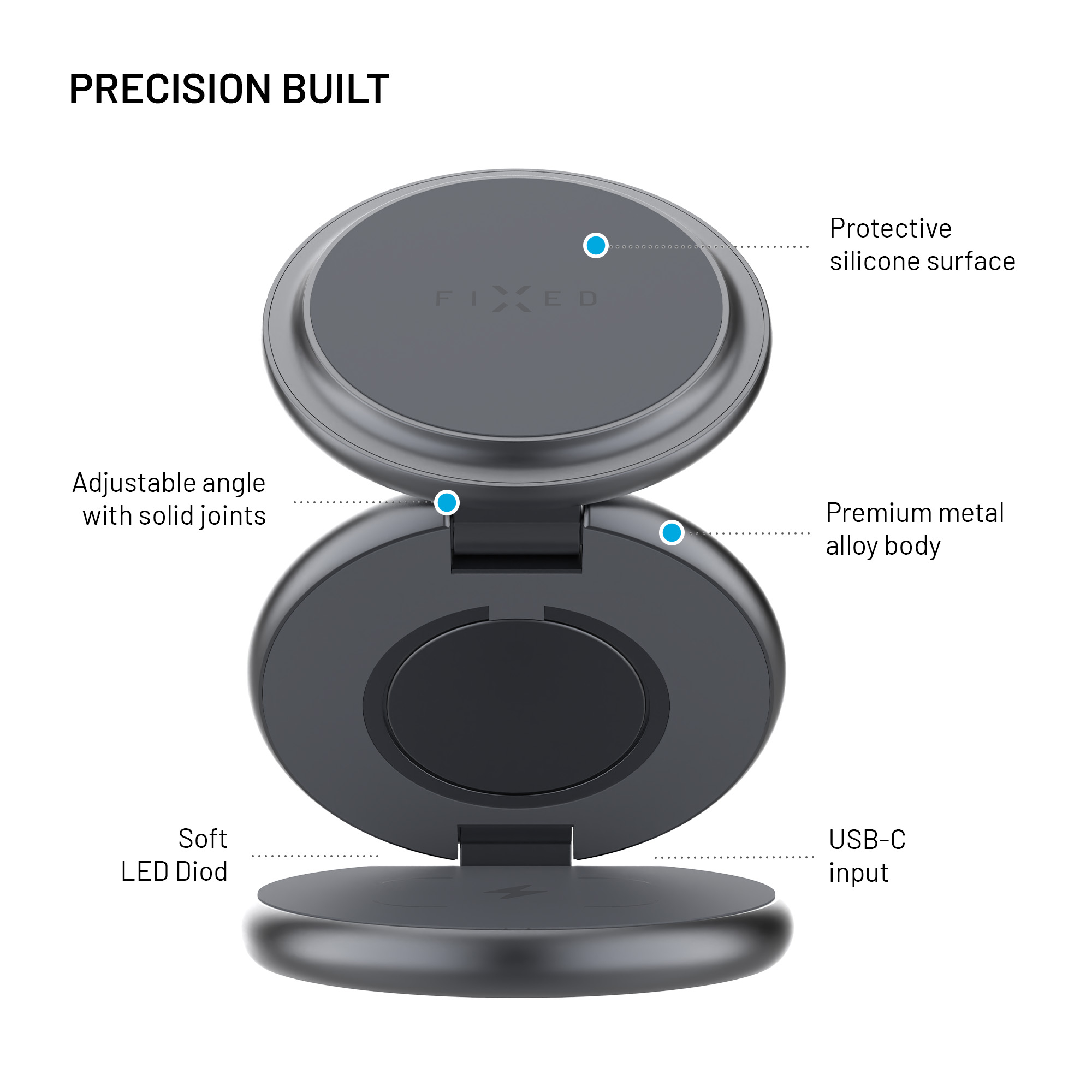 Präzisionsgefertigtes kabelloses Ladegerät mit Metallgehäuse, verstellbarem Gelenk, Silikonoberfläche und USB-C-Anschluss.