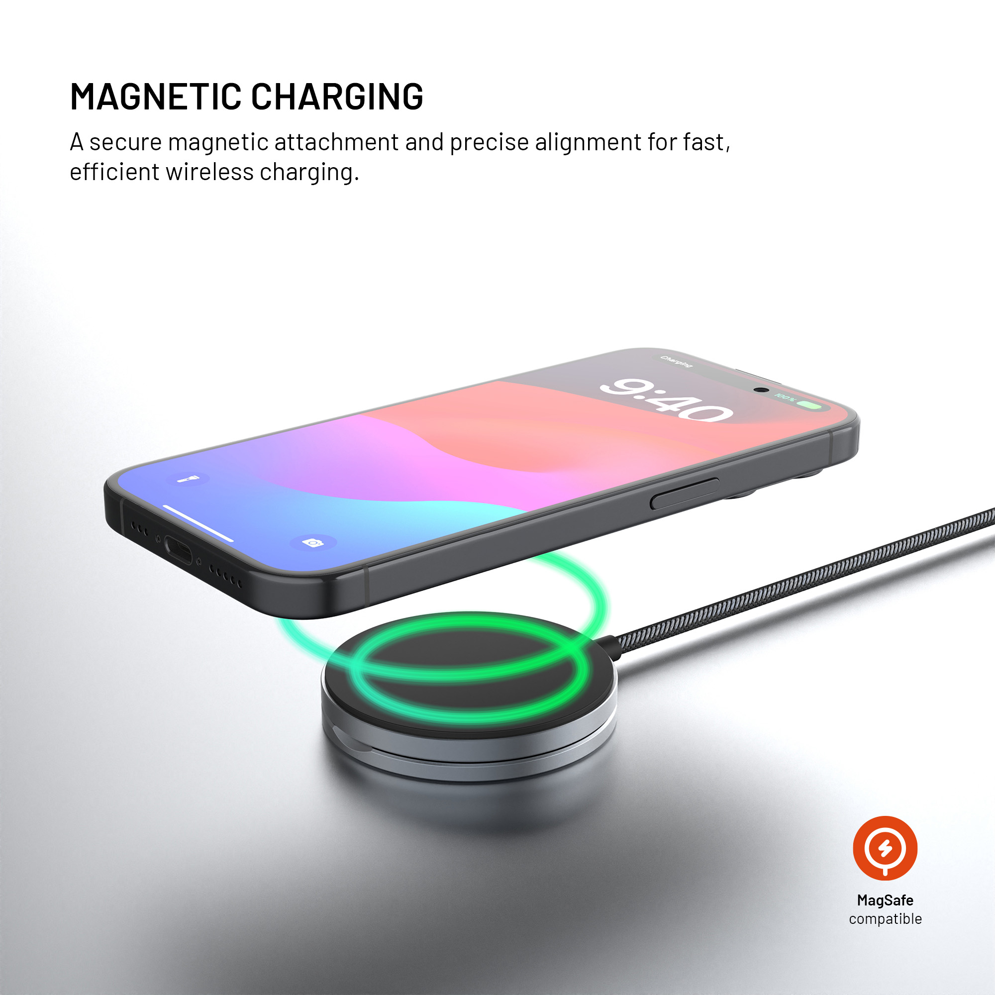 Ein Smartphone schwebt über einem runden kabellosen Ladegerät mit grün leuchtenden Ringen.
