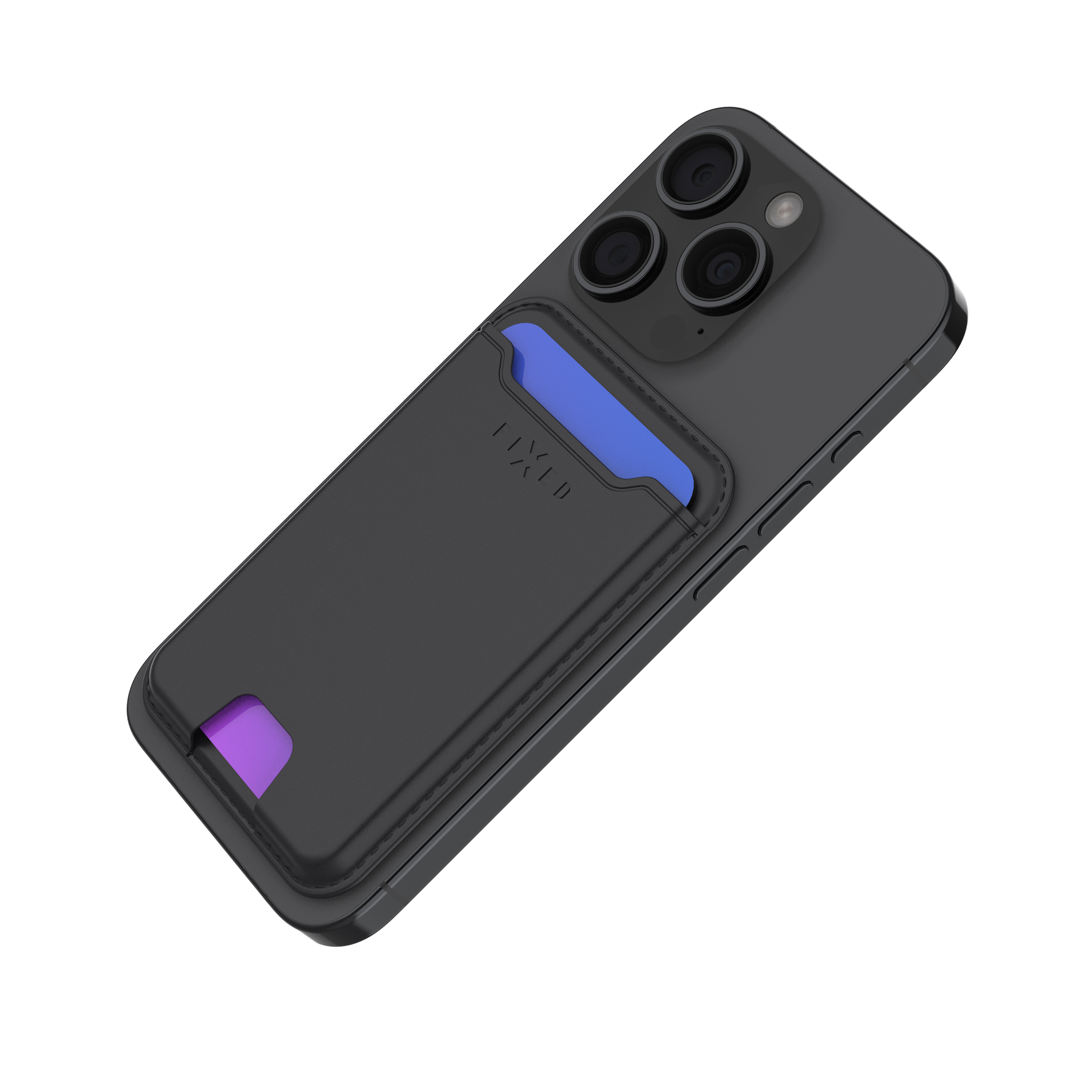Ein schwarzes Smartphone mit Dreifachkamera und schwarzem magnetischem Kartenhalter auf der Rückseite.
