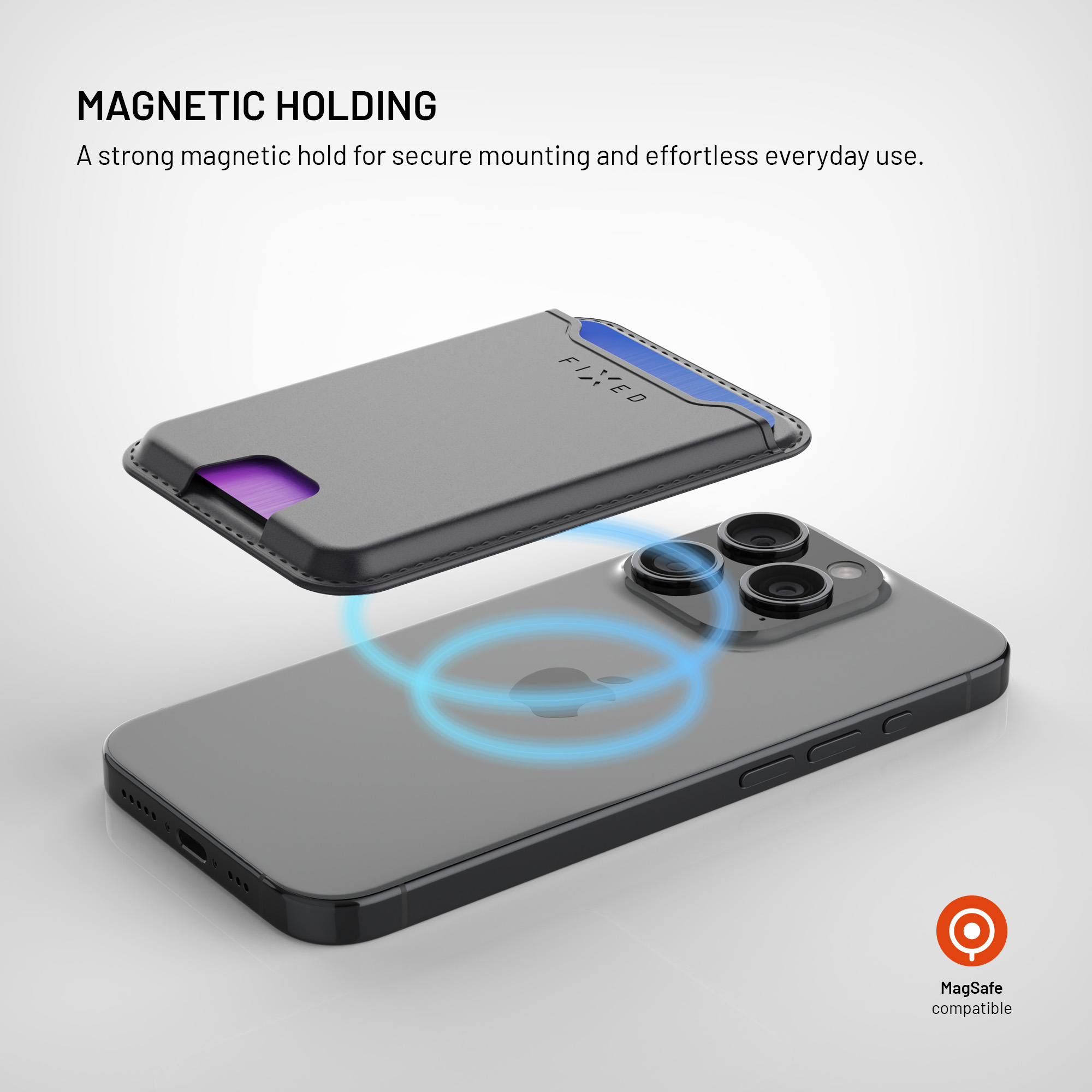 Eine schwarze MagSafe-Lederbrieftasche schwebt über der Rückseite eines dunklen Smartphones mit Magnetring.