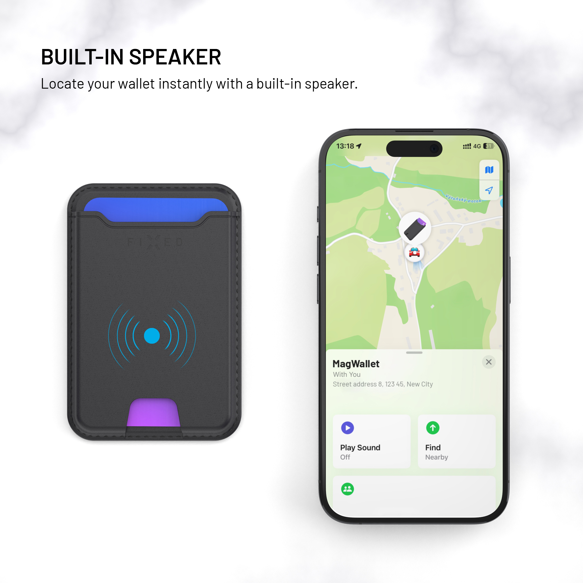 Ein schwarzes Lederetui neben einem Smartphone mit einer Karten-App zum Orten des Etuis.