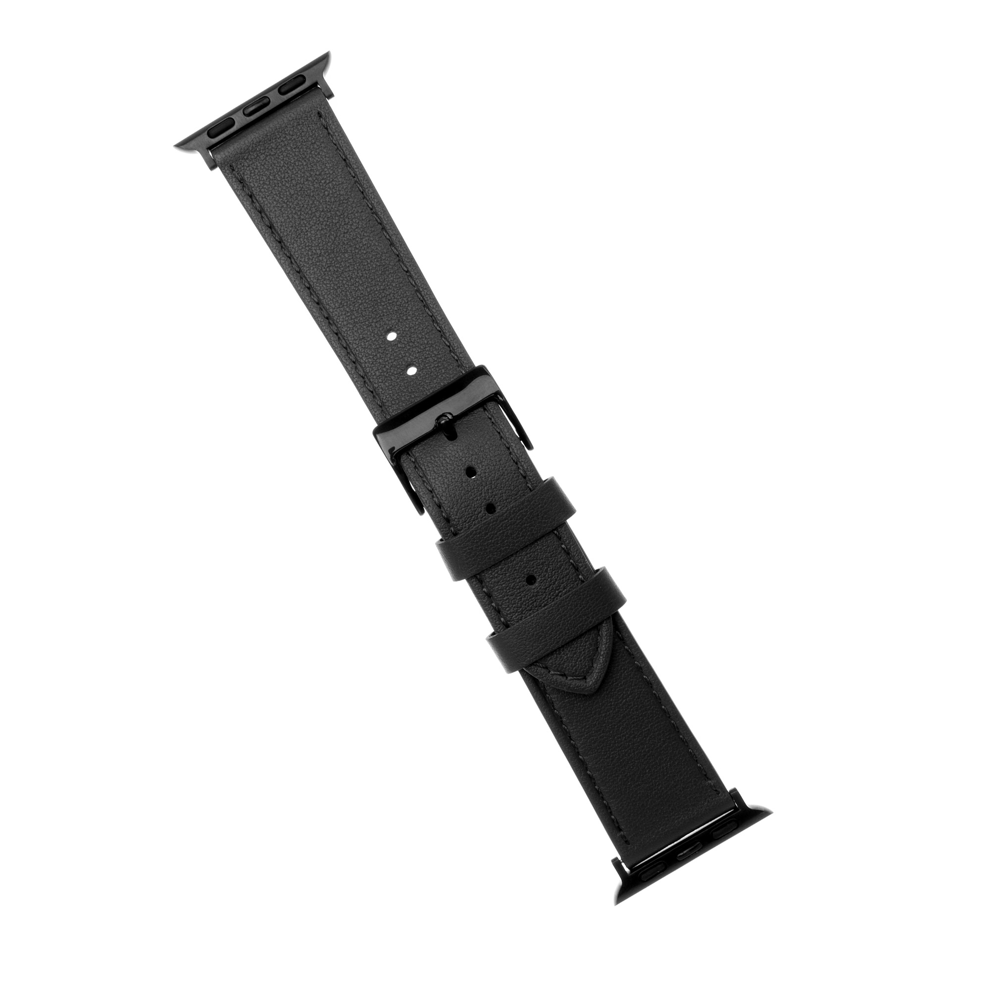 Ein schwarzes Leder-Smartwatch-Armband mit schwarzer Metallschnalle und Anschlüssen auf weißem Hintergrund.