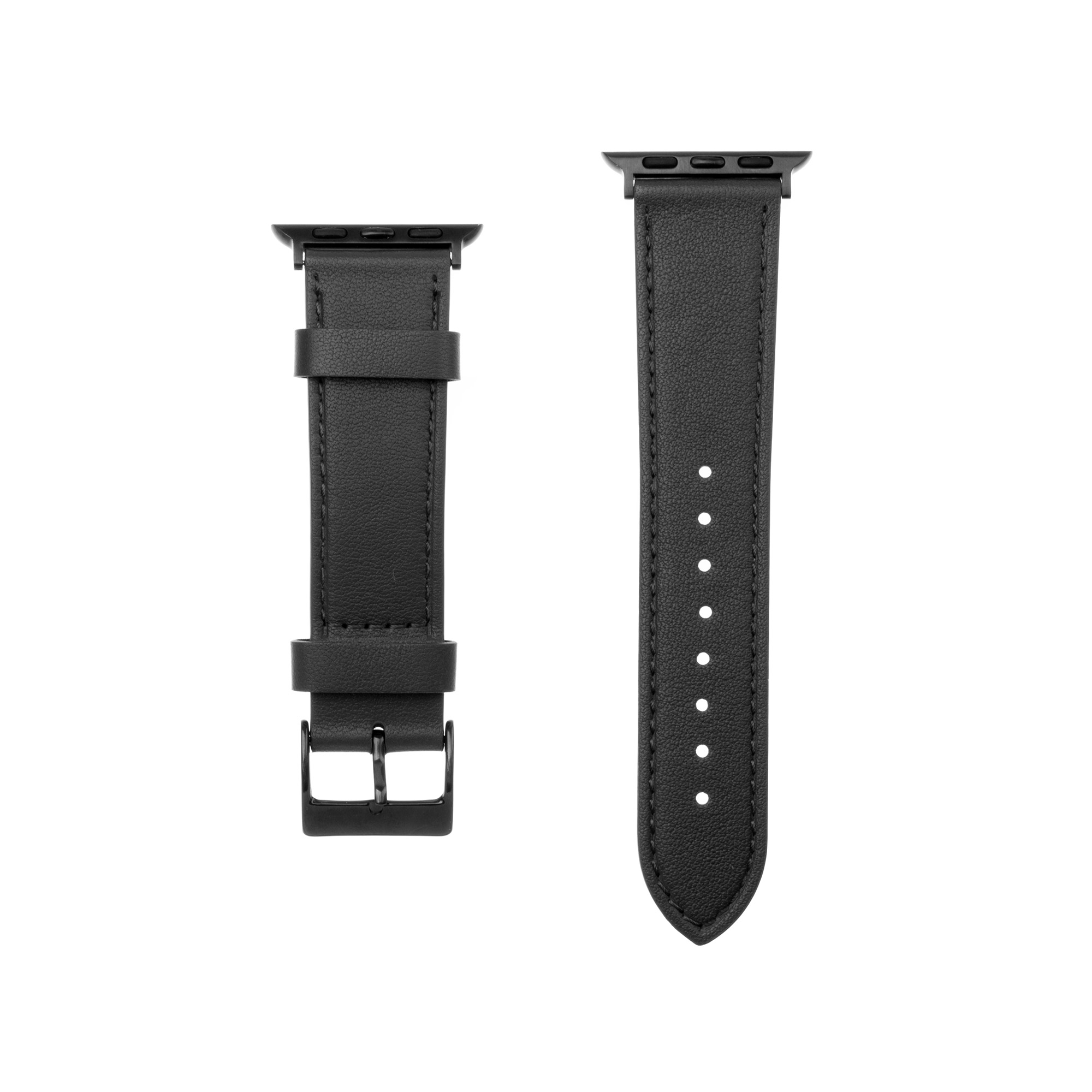 Ein schwarzes Leder-Uhrenarmband mit zwei Teilen und Metallverschlüssen auf weißem Grund.