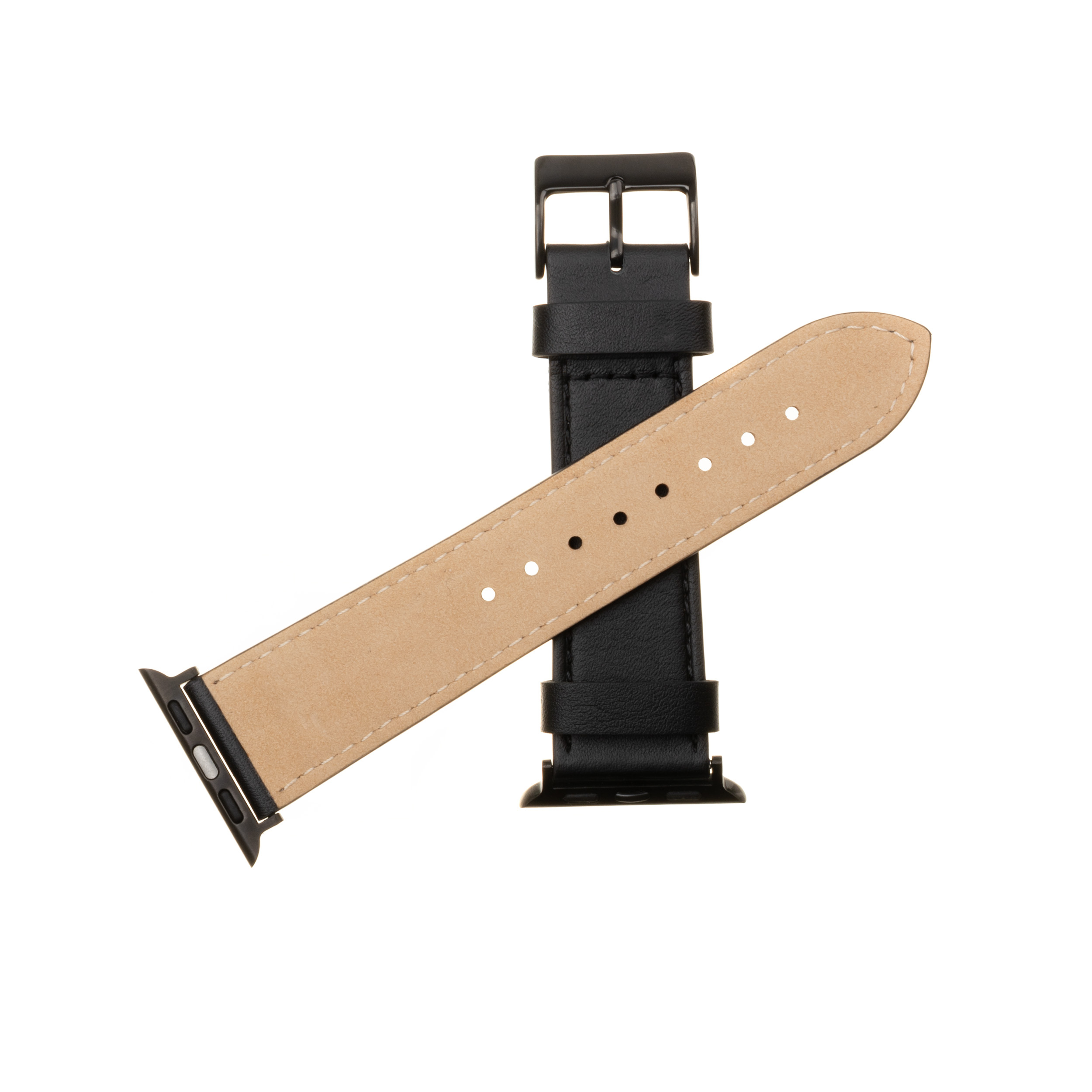 Ein schwarzes Lederuhrenarmband mit einer Schnalle wird auf weißem Hintergrund gezeigt.