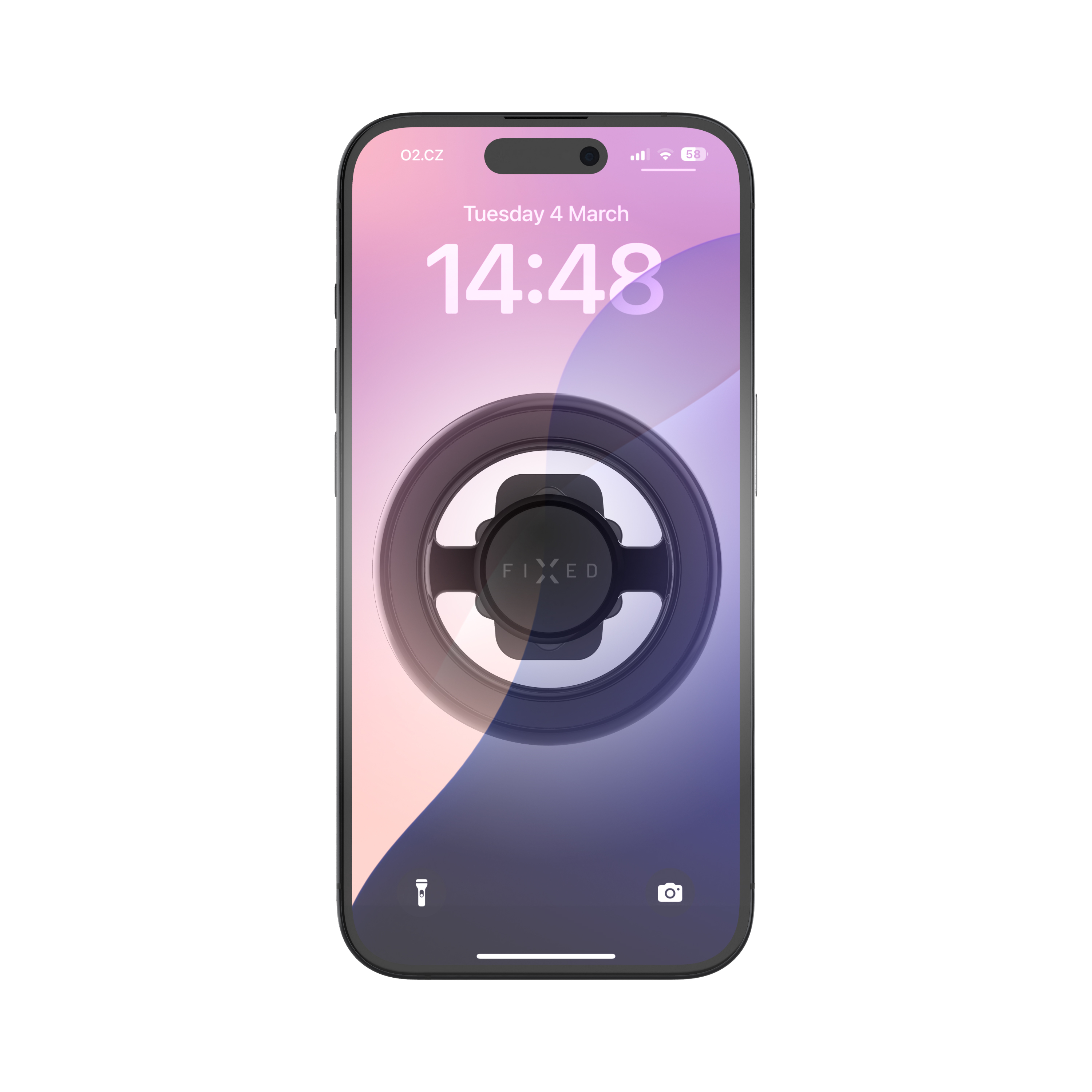 Ein Smartphone mit Sperrbildschirm in Rosa und Lila und einer zentrierten, schwarzen FIXED-Halterung.