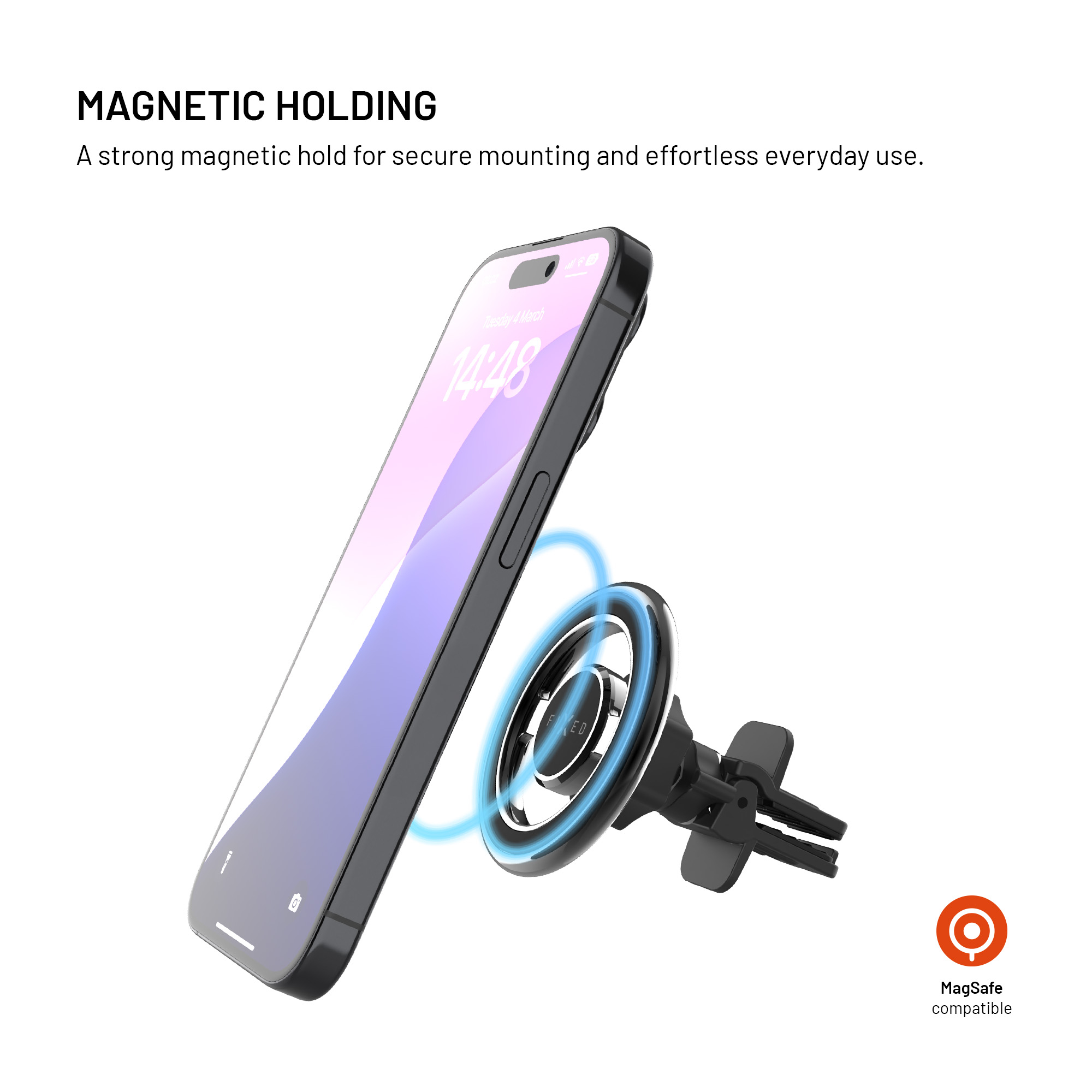 Ein Smartphone ist sicher an einer magnetischen Autohalterung befestigt, umgeben von blauen Ringen.