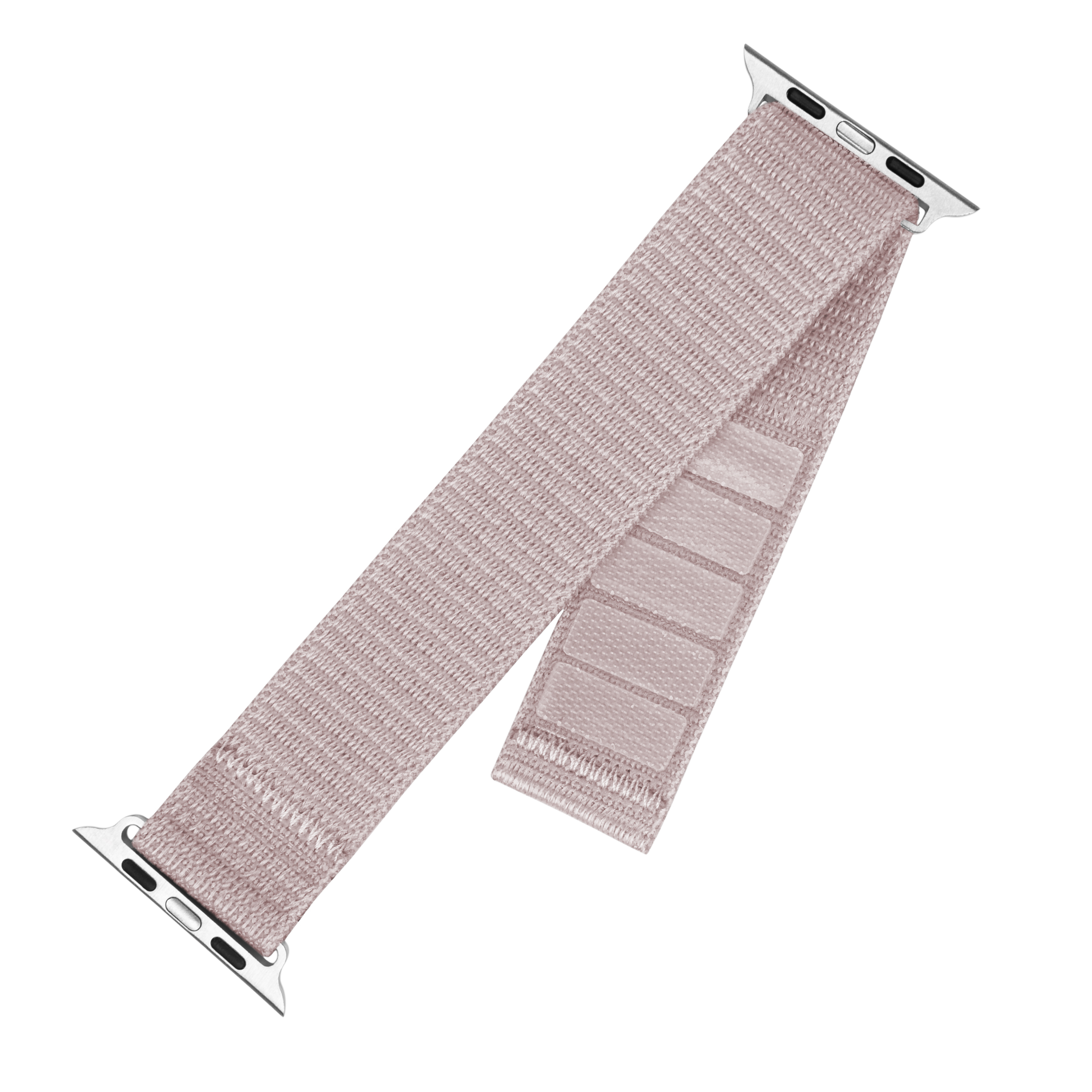 Ein pastellrosa geflochtenes Nylon-Smartwatch-Armband mit silbernen Metallverschlüssen auf weißem Hintergrund.