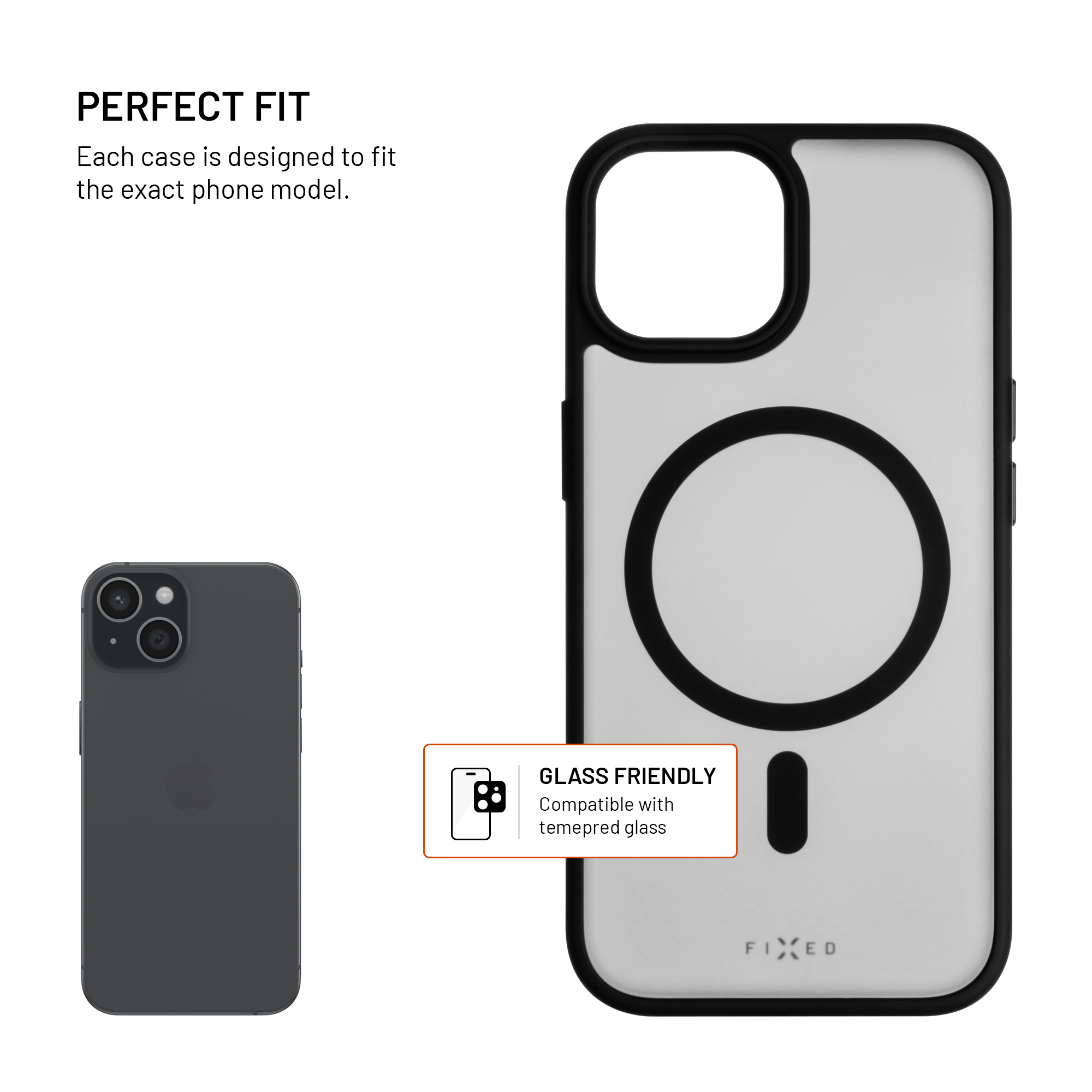 Eine schwarze Hülle mit MagSafe-Ring, ein Telefon und Text über perfekte Passform und Glas-Kompatibilität.