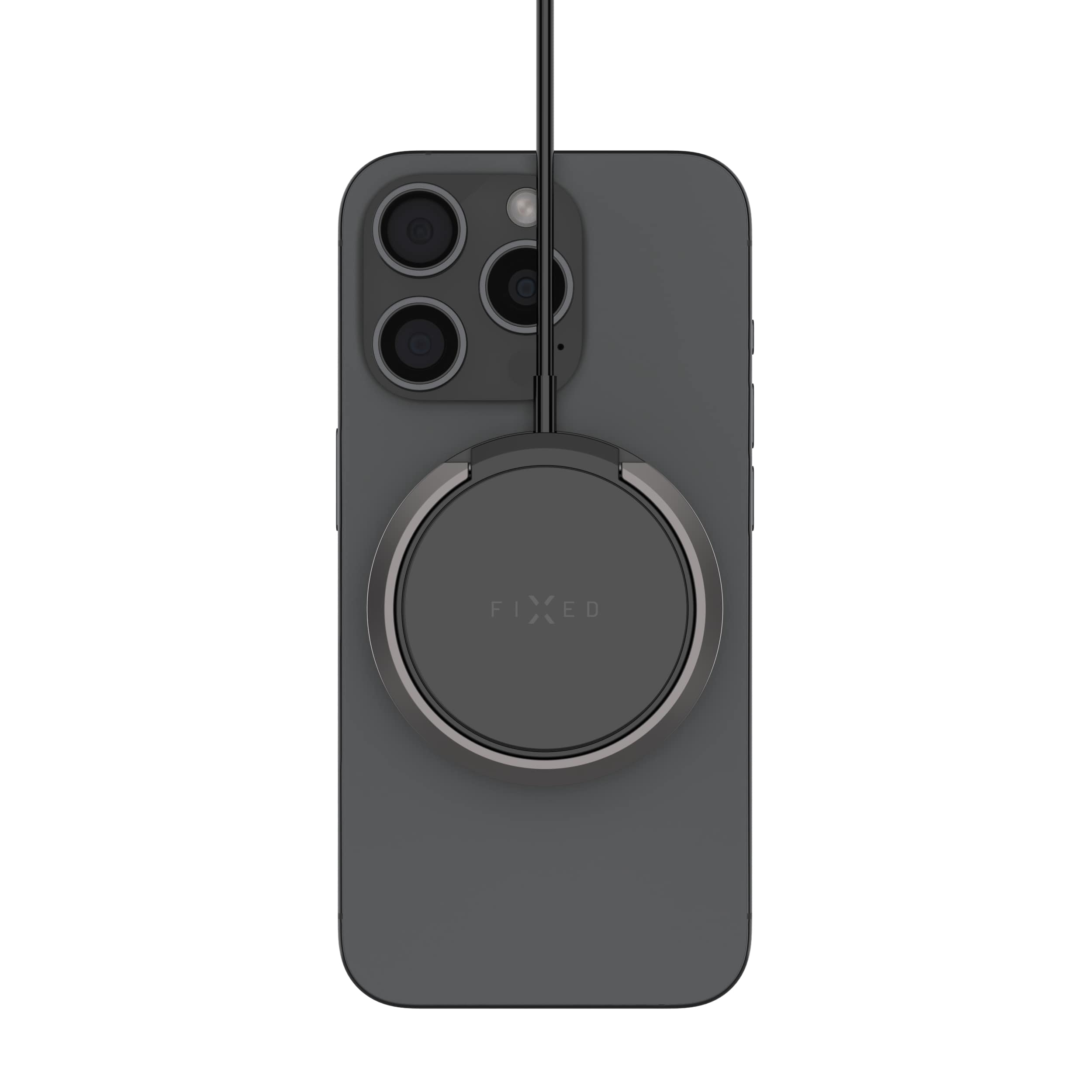 Ein graues Smartphone mit einer runden magnetischen Ladestation auf der Rückseite und einem angeschlossenen Kabel.