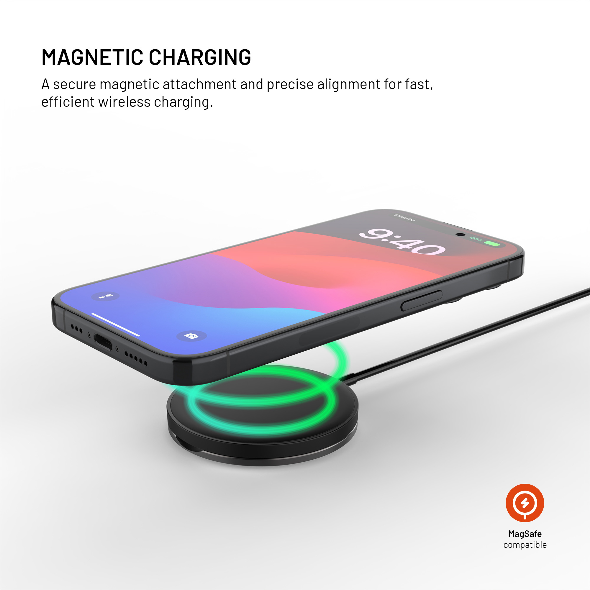 Ein Smartphone lädt kabellos auf einem runden, magnetischen Ladegerät mit grünem Licht.
