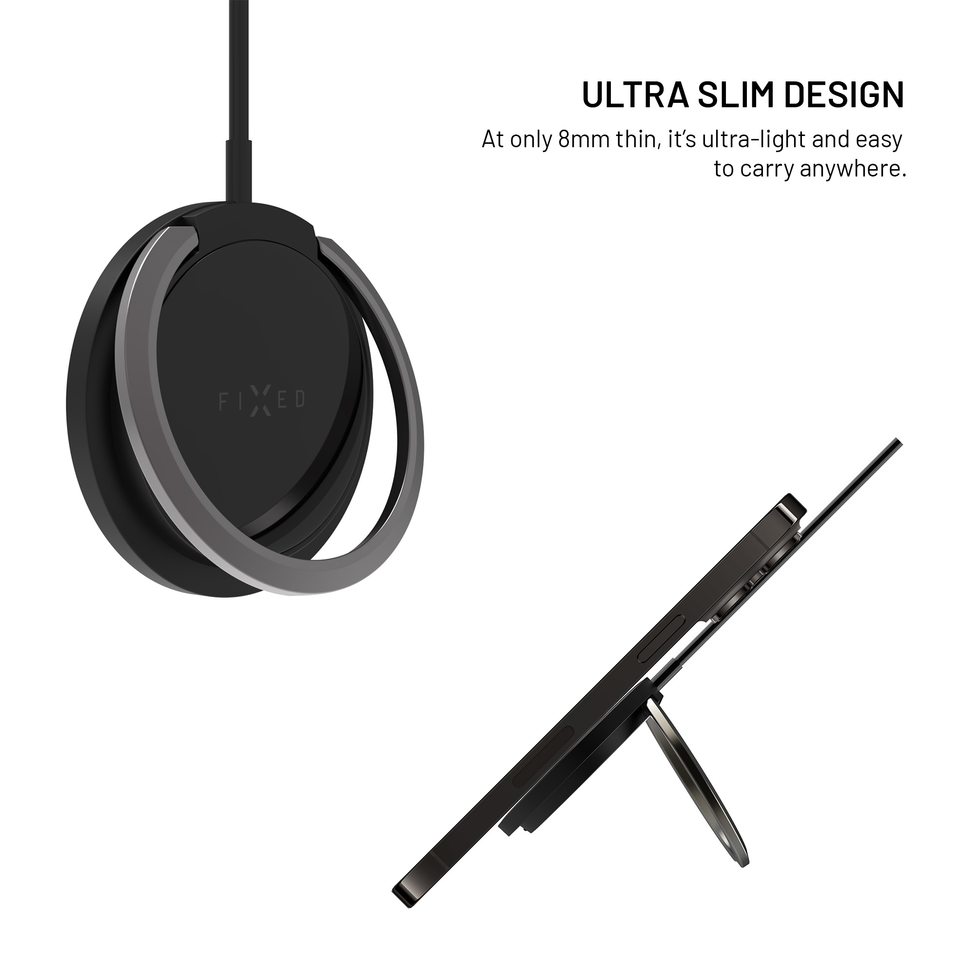 Ultraflaches Design: Nur 8 mm dünn, leicht und tragbar, gezeigt mit integriertem Ständer und Ladekabel.
