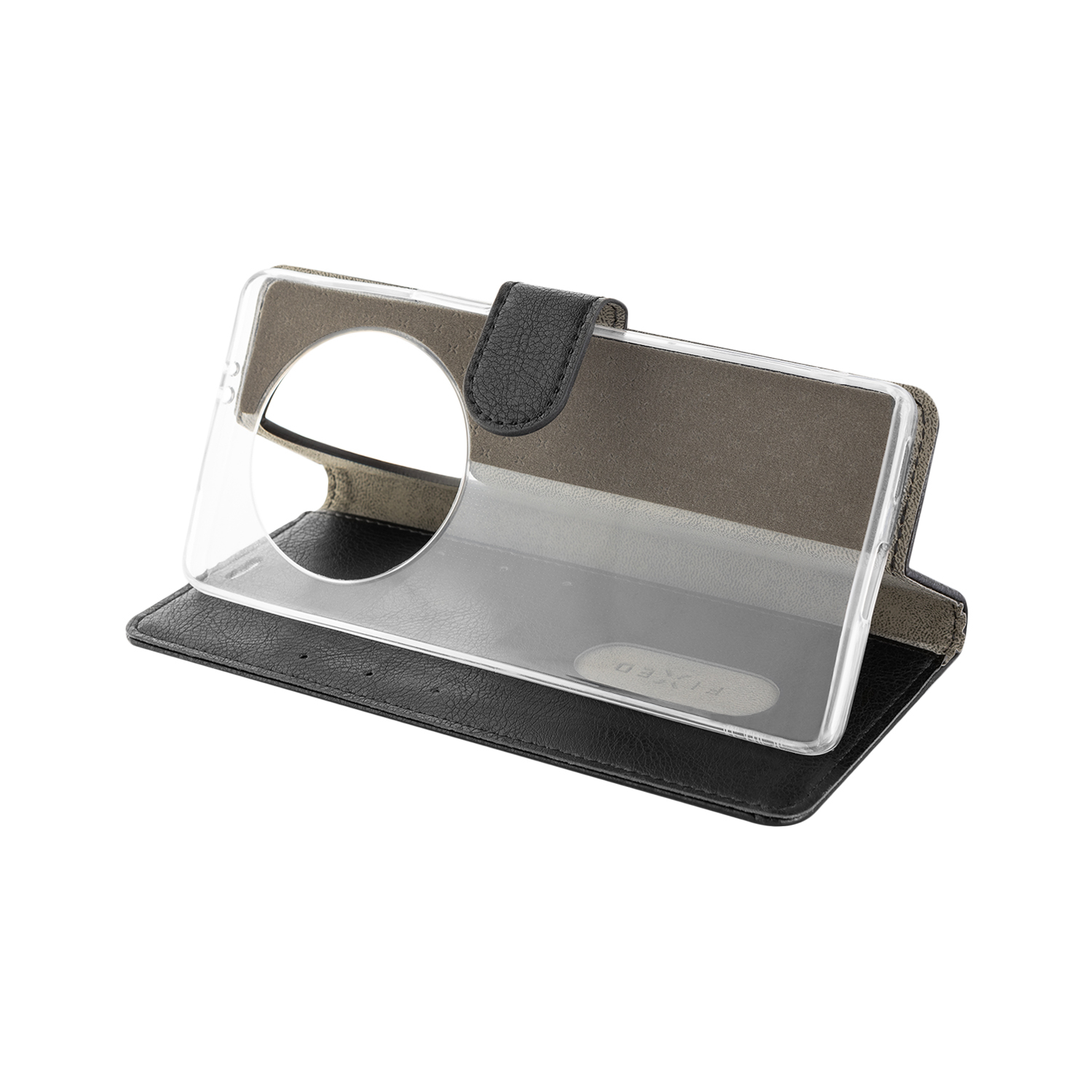 Schwarze Leder-Handyhülle mit Klappdeckel und transparenter Halterung auf weißem Hintergrund.