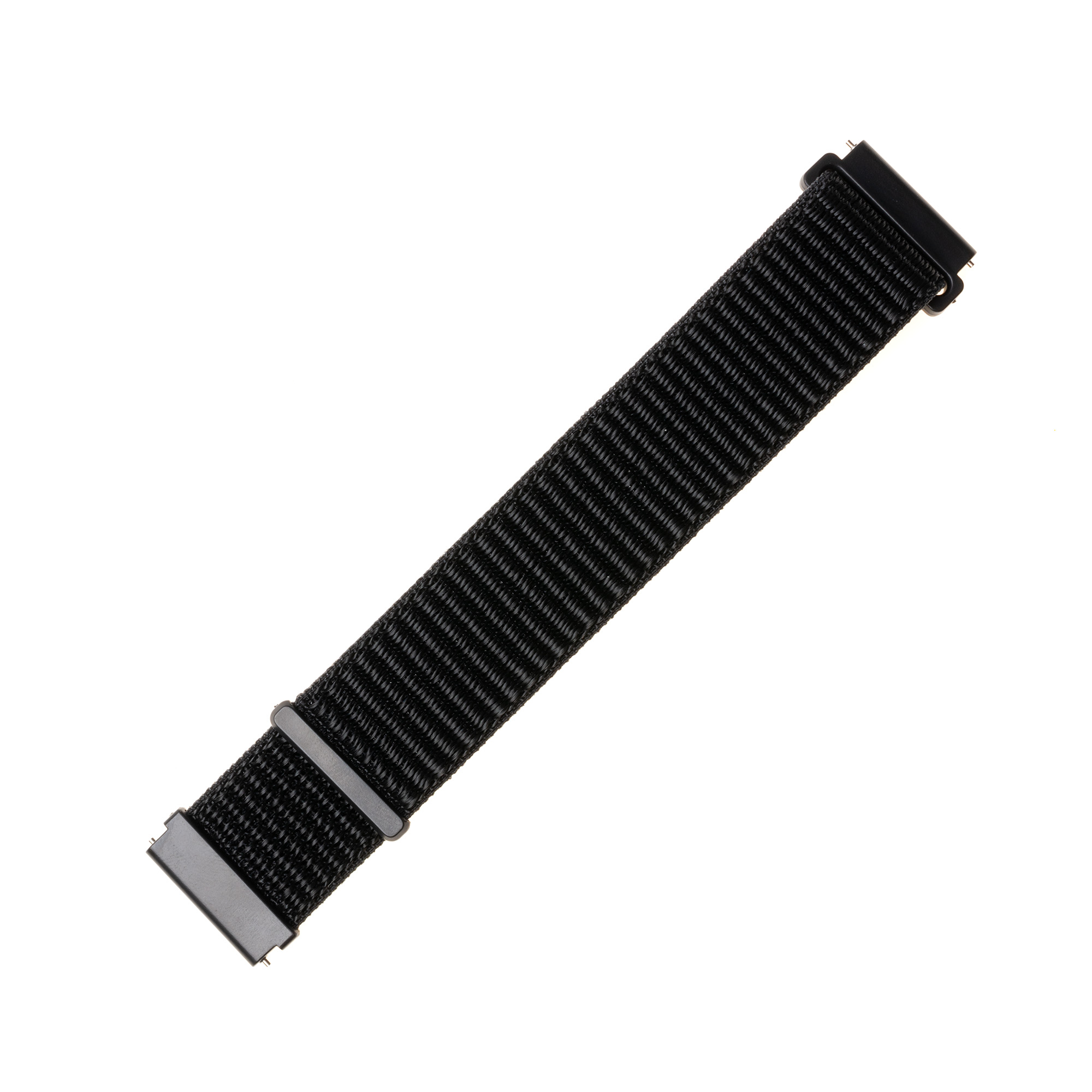 Ein schwarzes Nylon-Uhrenarmband diagonal auf weißem Hintergrund.